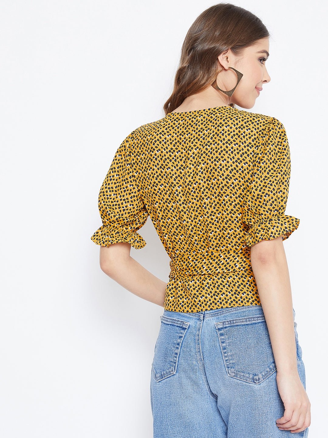 Folk Republic Women Yellow & Black Leopard Printed V-Neck Tie-Up Knot Wrap Top - #folk republic#