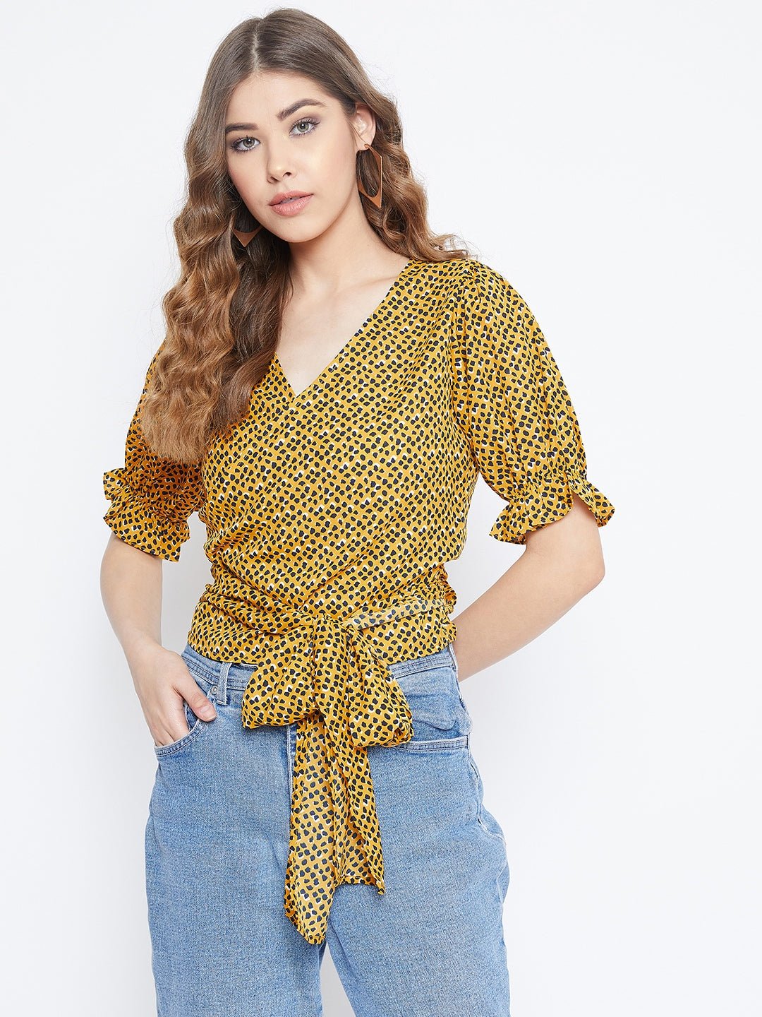 Folk Republic Women Yellow & Black Leopard Printed V-Neck Tie-Up Knot Wrap Top - #folk republic#