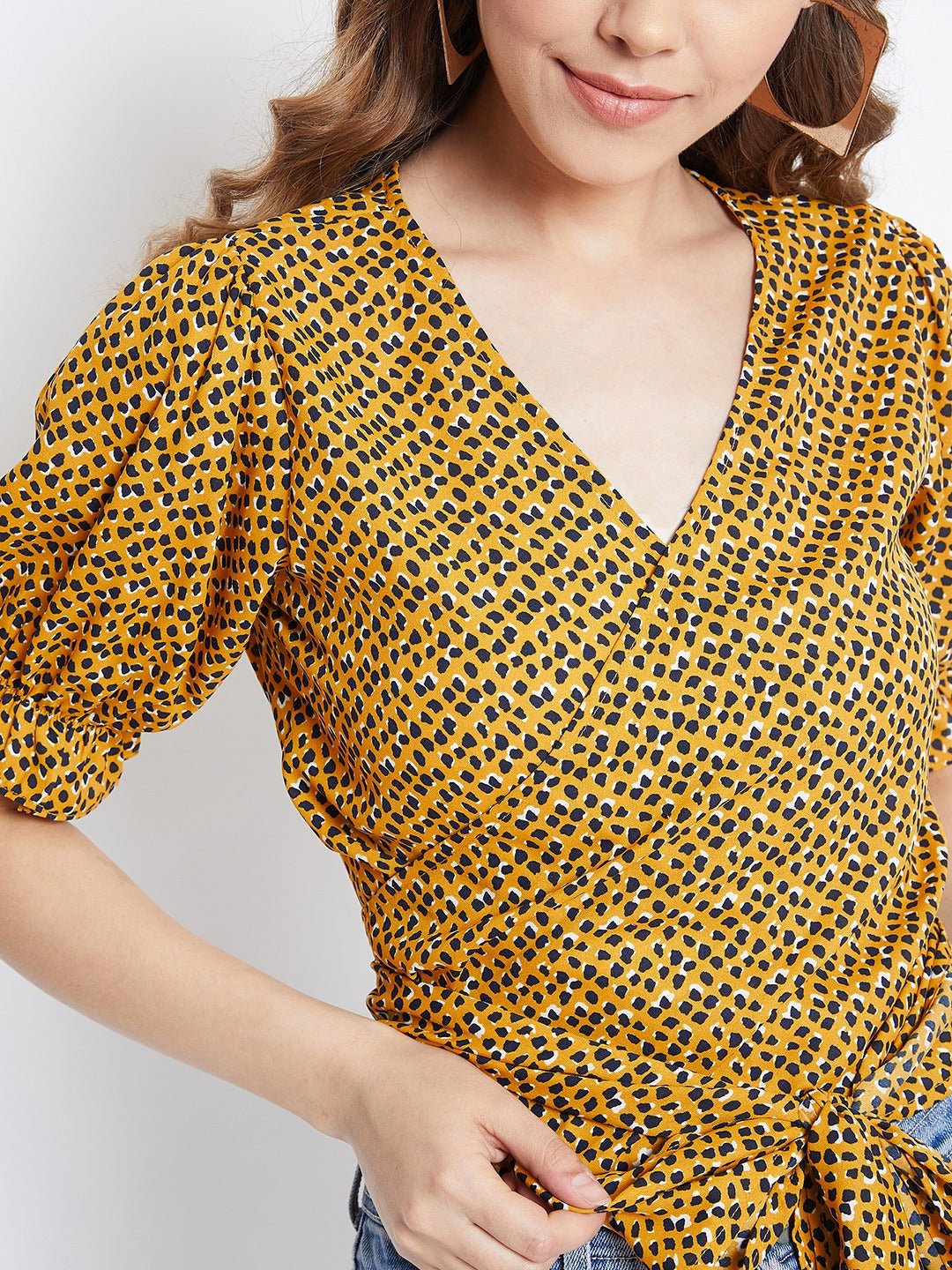 Folk Republic Women Yellow & Black Leopard Printed V-Neck Tie-Up Knot Wrap Top - #folk republic#