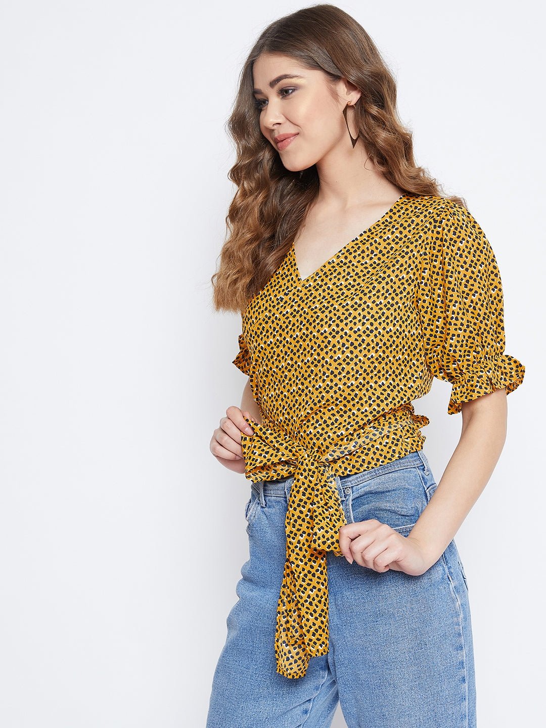Folk Republic Women Yellow & Black Leopard Printed V-Neck Tie-Up Knot Wrap Top - #folk republic#