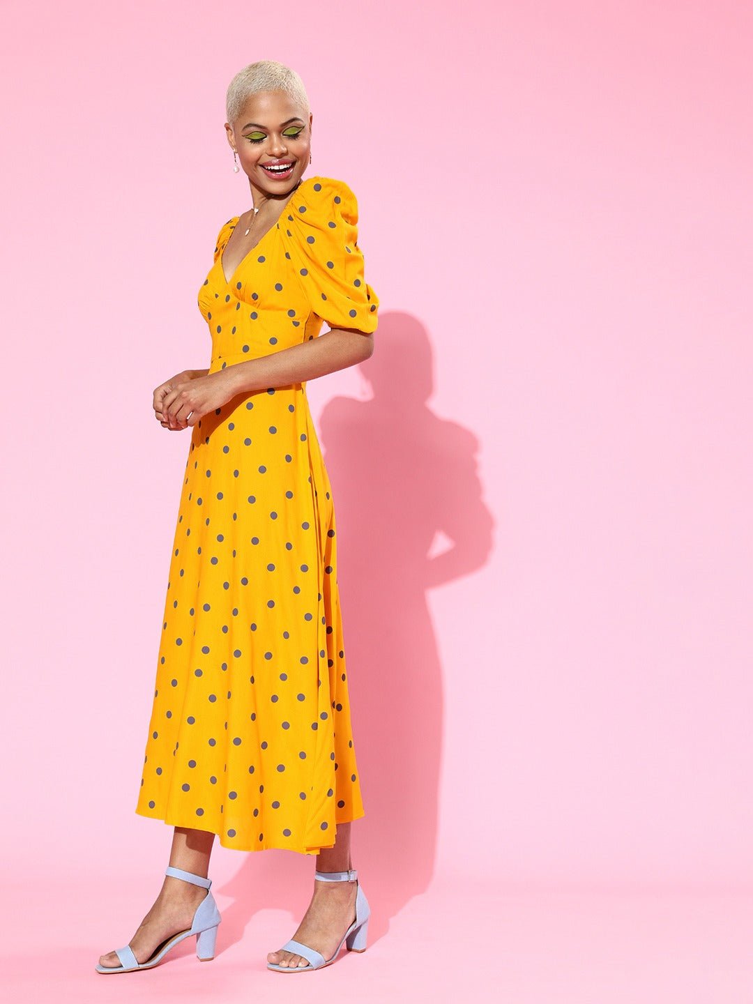 Folk Republic Women Yellow & Black Polka Dot Printed Sweetheart Neck Flared A-Line Maxi Dress - #folk republic#