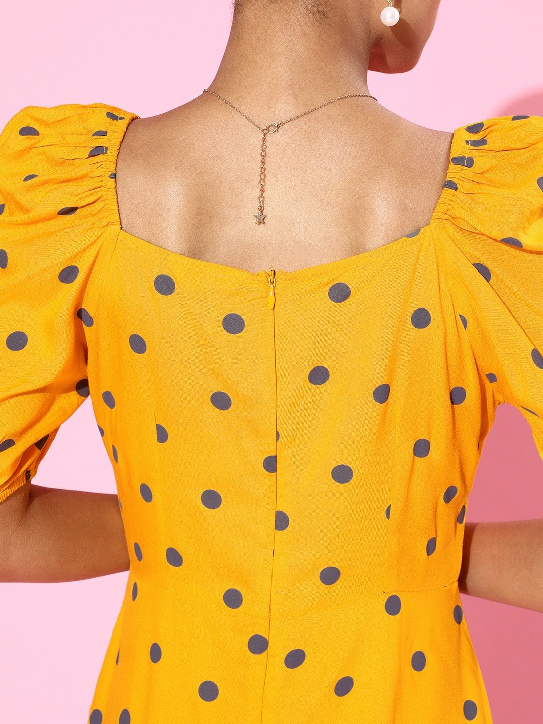 Folk Republic Women Yellow & Black Polka Dot Printed Sweetheart Neck Flared A-Line Maxi Dress - #folk republic#