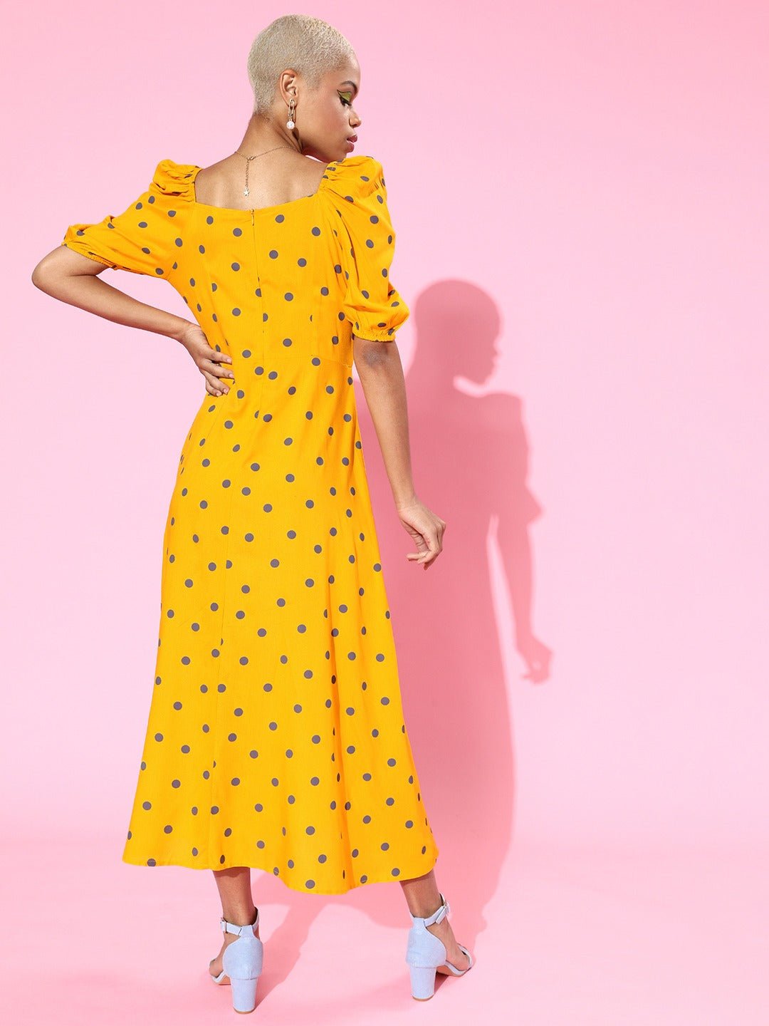 Folk Republic Women Yellow & Black Polka Dot Printed Sweetheart Neck Flared A-Line Maxi Dress - #folk republic#