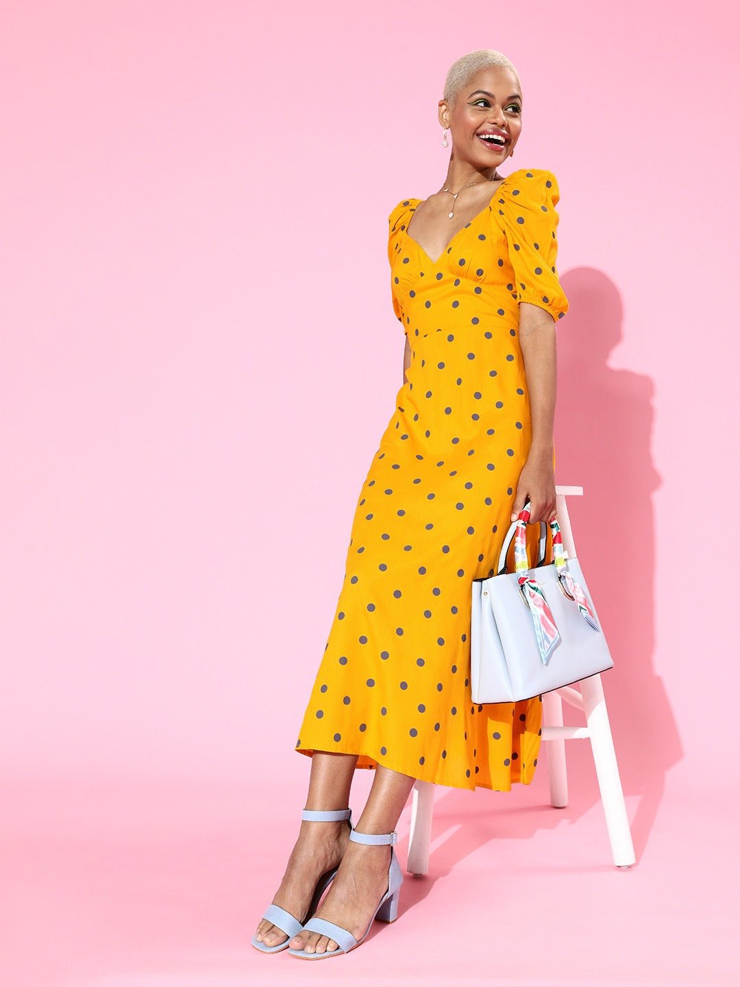 Folk Republic Women Yellow & Black Polka Dot Printed Sweetheart Neck Flared A-Line Maxi Dress - #folk republic#