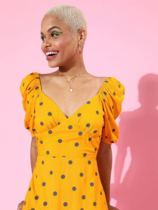 Folk Republic Women Yellow & Black Polka Dot Printed Sweetheart Neck Flared A-Line Maxi Dress - #folk republic#