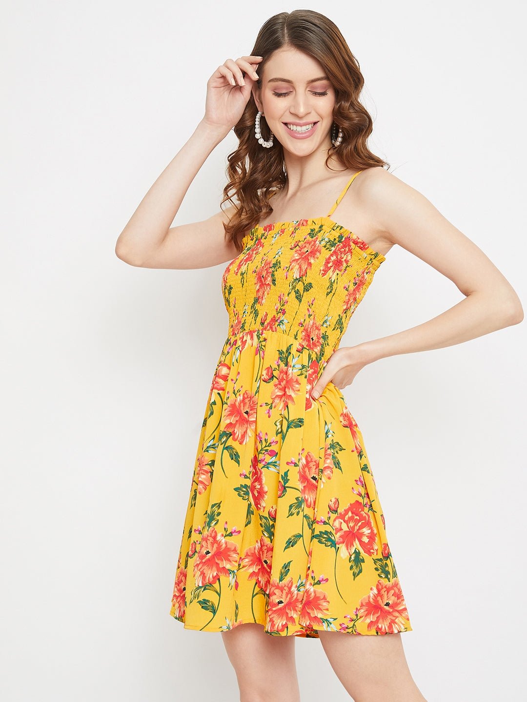 Folk Republic Women Yellow Floral Off-the-shoulder Smocked Mini Dress - #folk republic#