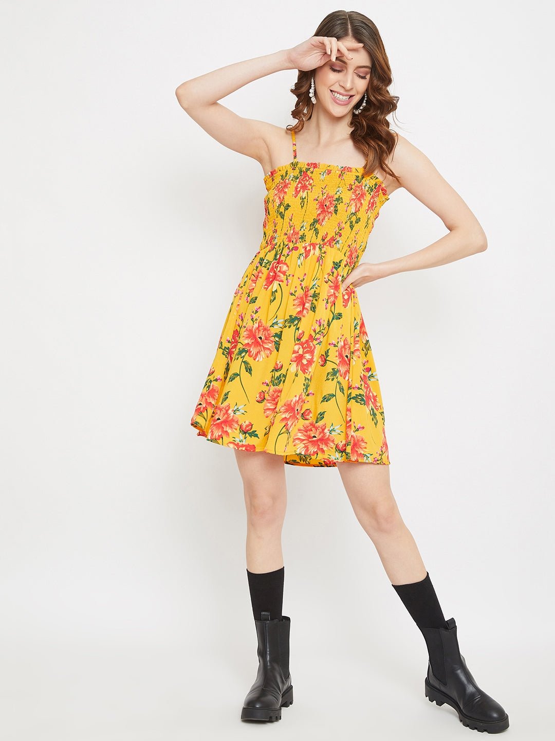 Folk Republic Women Yellow Floral Off-the-shoulder Smocked Mini Dress - #folk republic#