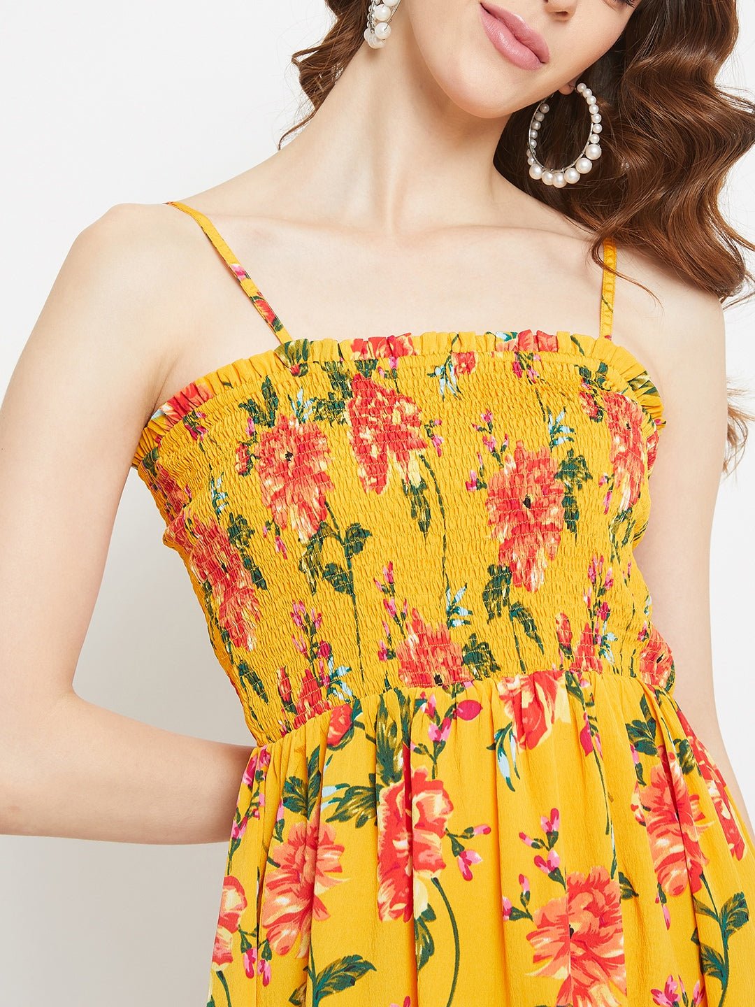 Folk Republic Women Yellow Floral Off-the-shoulder Smocked Mini Dress - #folk republic#