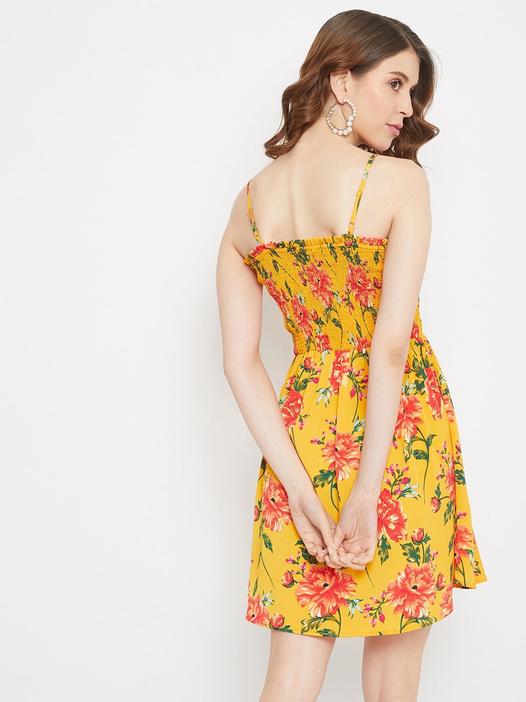 Folk Republic Women Yellow Floral Off-the-shoulder Smocked Mini Dress - #folk republic#