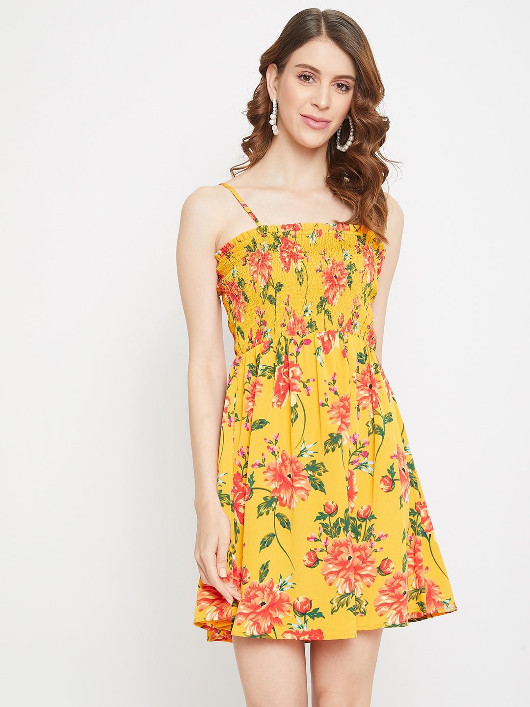 Folk Republic Women Yellow Floral Off-the-shoulder Smocked Mini Dress - #folk republic#