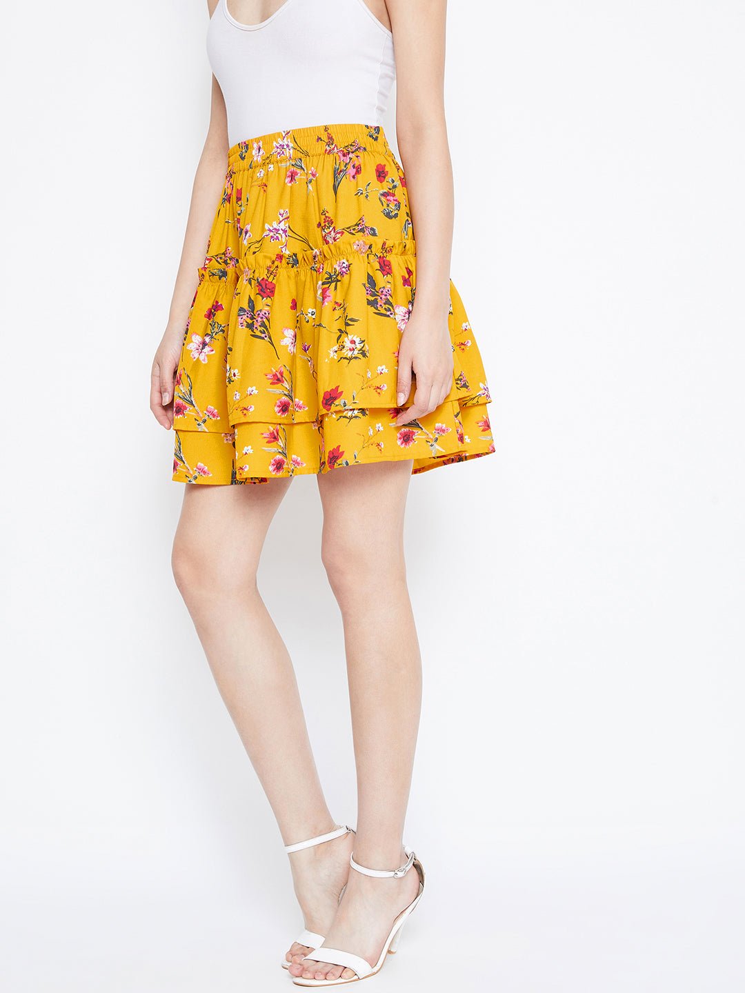 Folk Republic Women Yellow Floral Print Layered Slip-On Mini Skirt - #folk republic#