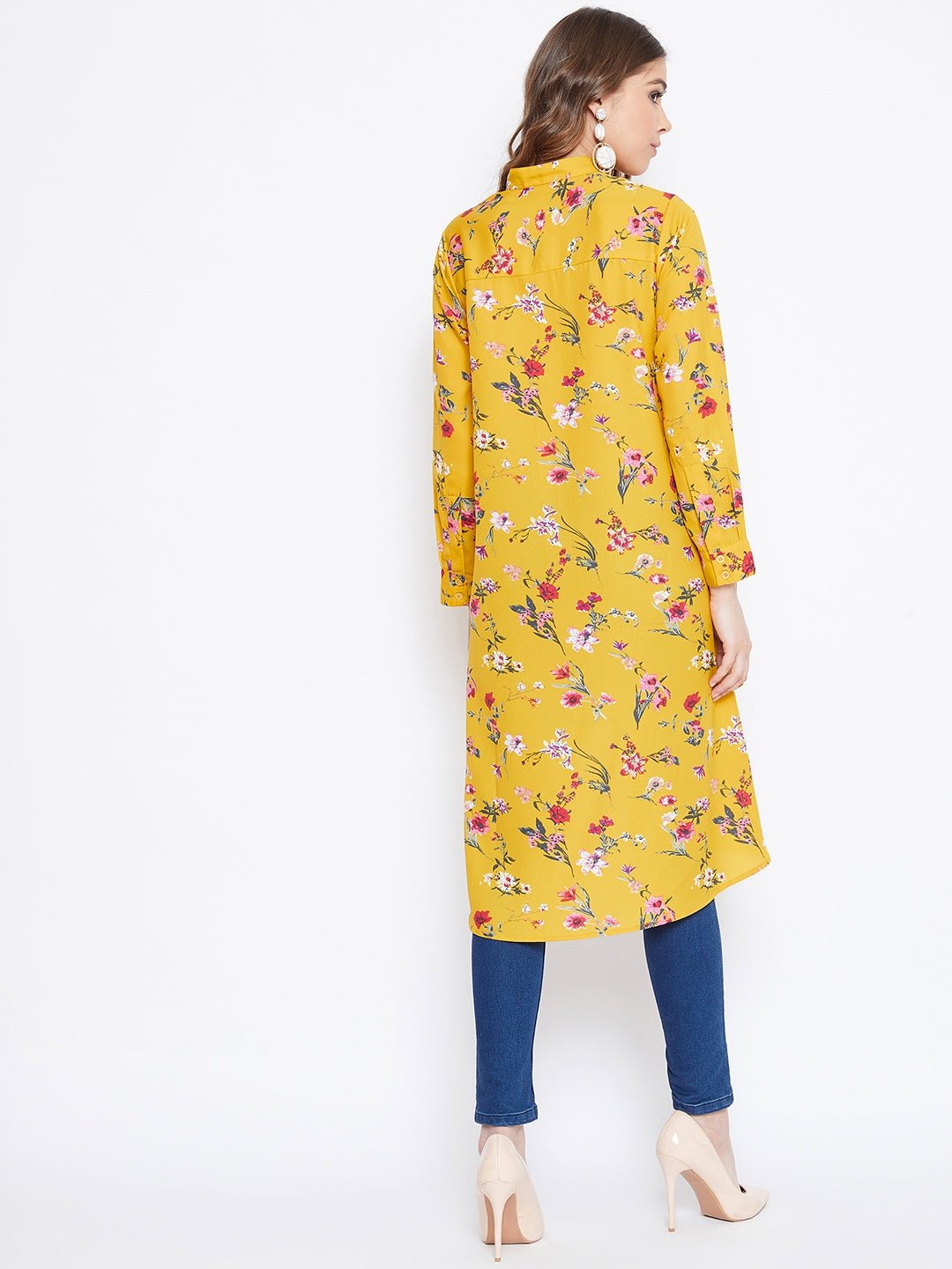 Folk Republic Women Yellow Floral Print Mandarin Collar High-Low Top - #folk republic#