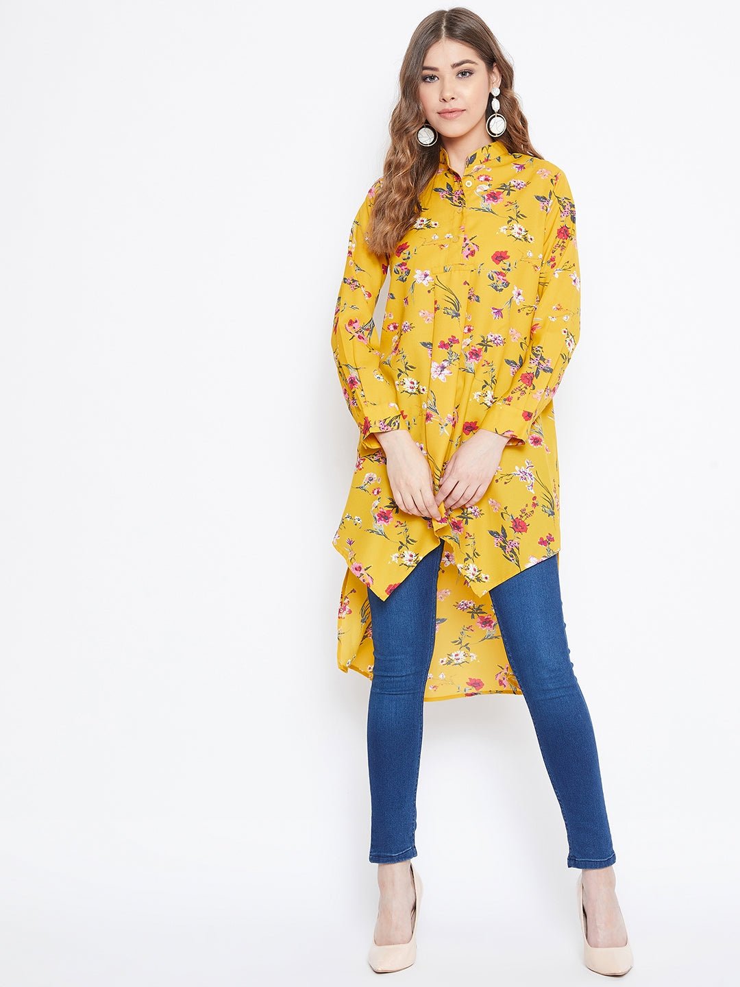 Folk Republic Women Yellow Floral Print Mandarin Collar High-Low Top - #folk republic#