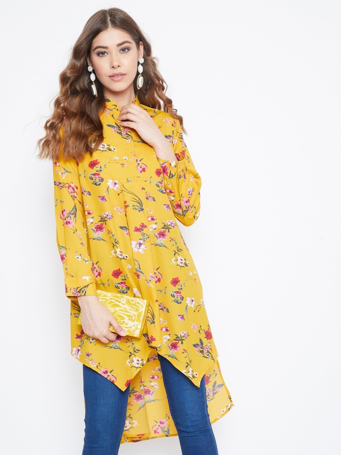 Folk Republic Women Yellow Floral Print Mandarin Collar High-Low Top - #folk republic#