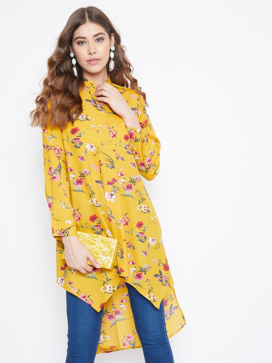 Folk Republic Women Yellow Floral Print Mandarin Collar High-Low Top - #folk republic#