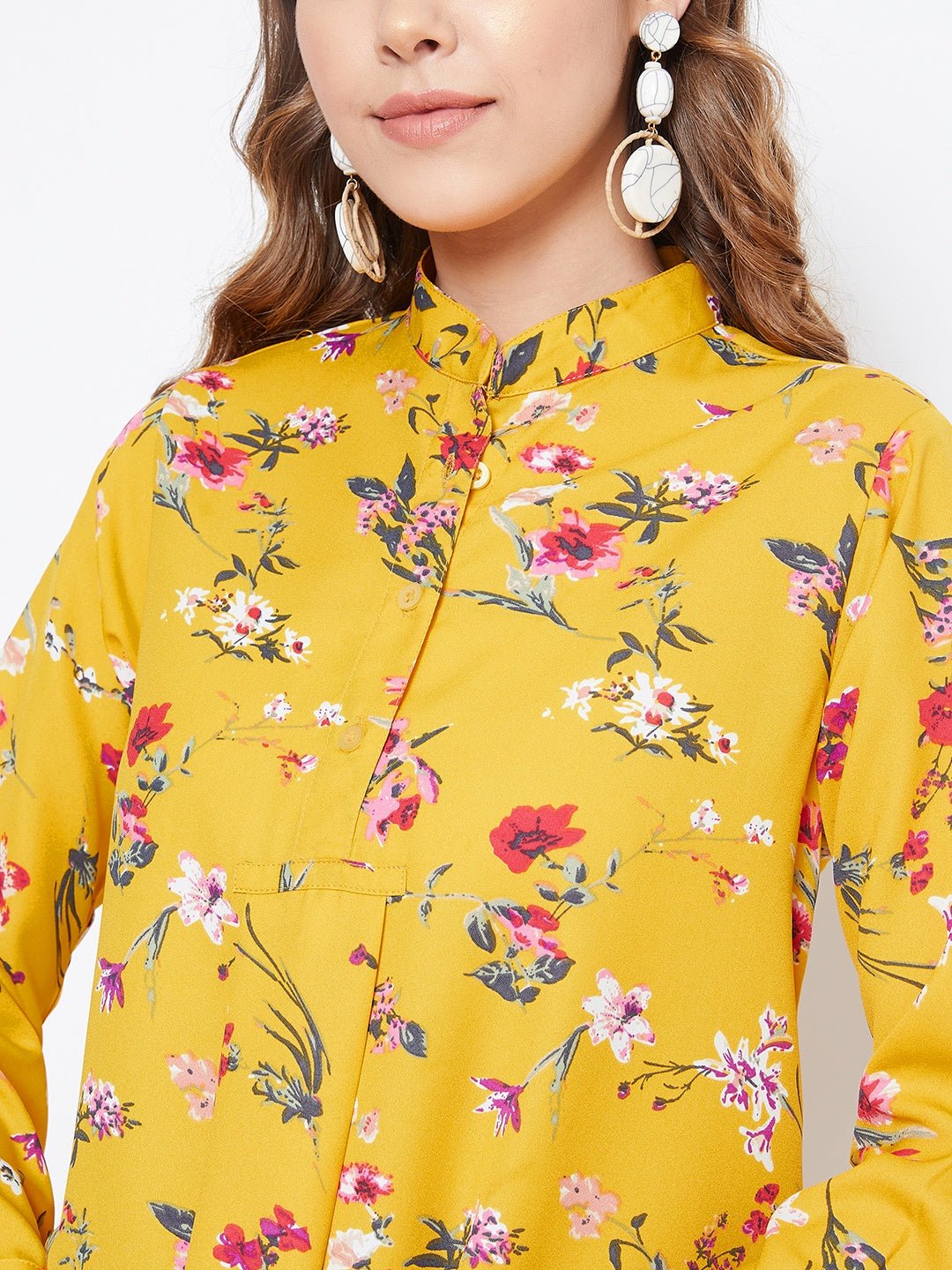 Folk Republic Women Yellow Floral Print Mandarin Collar High-Low Top - #folk republic#