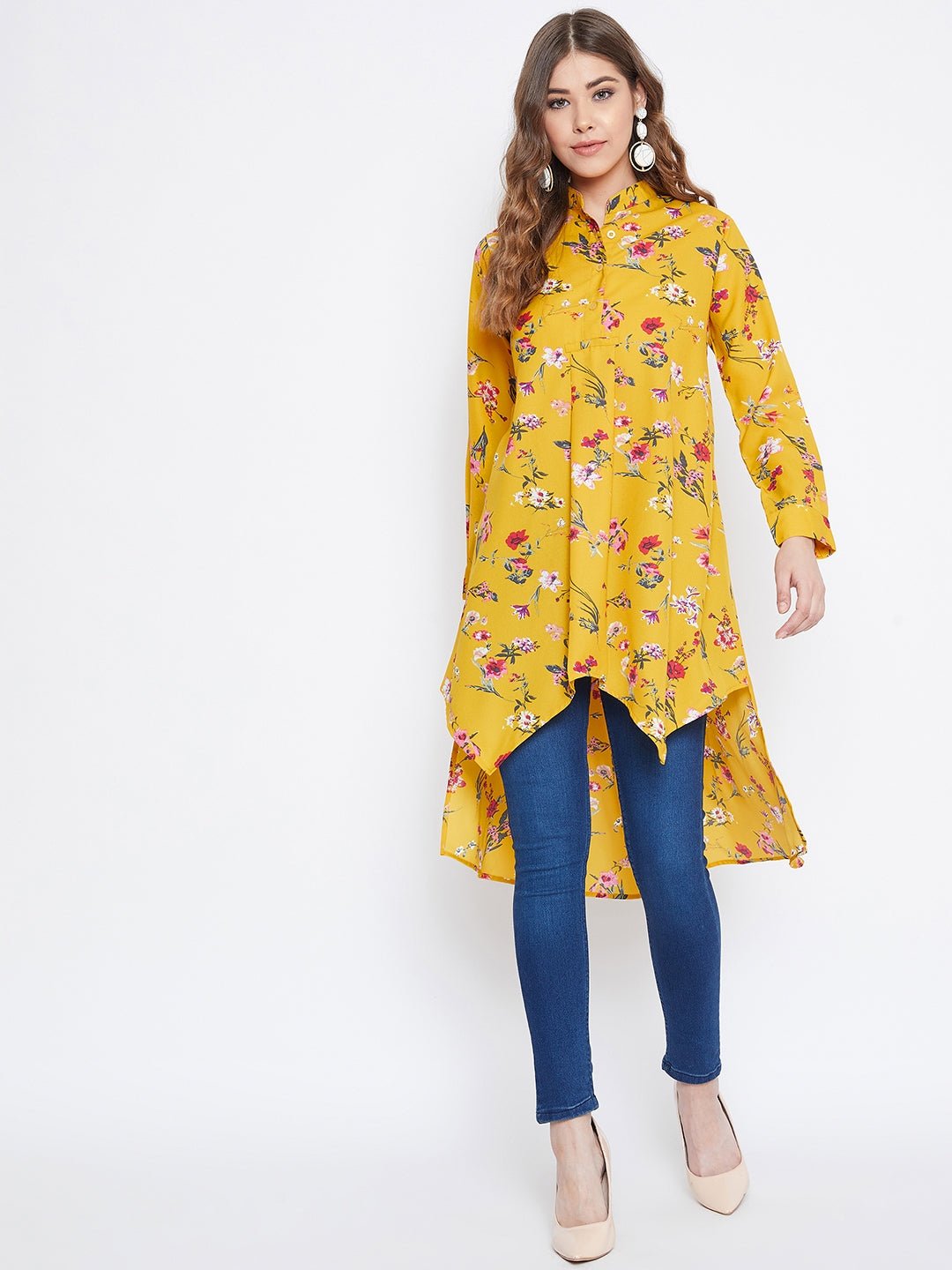 Folk Republic Women Yellow Floral Print Mandarin Collar High-Low Top - #folk republic#