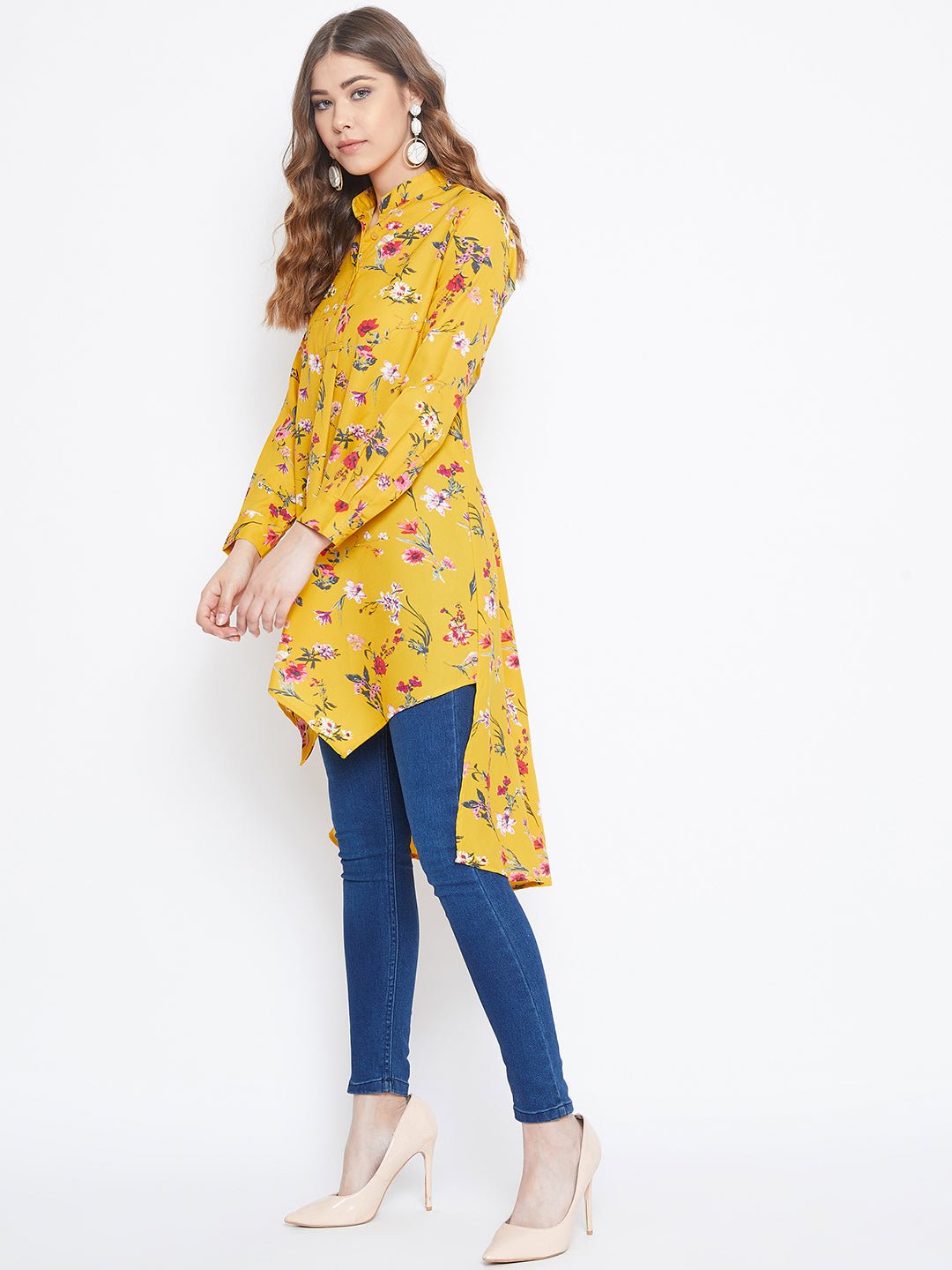 Folk Republic Women Yellow Floral Print Mandarin Collar High-Low Top - #folk republic#