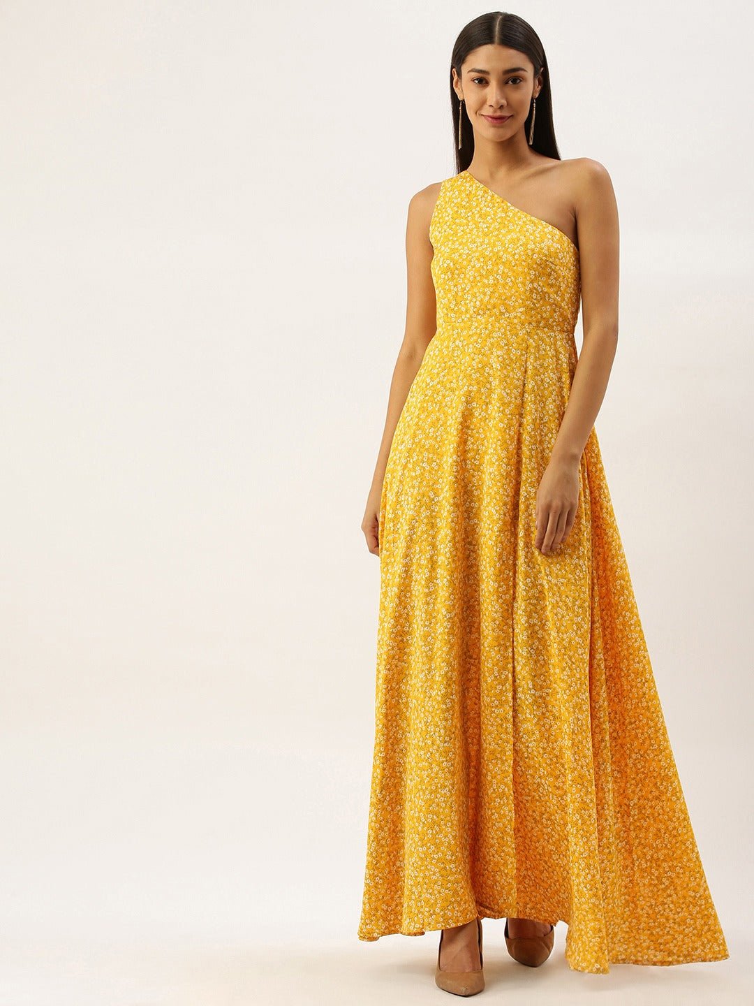 Folk Republic Women Yellow Floral Print One Shoulder Maxi Dress - #folk republic#