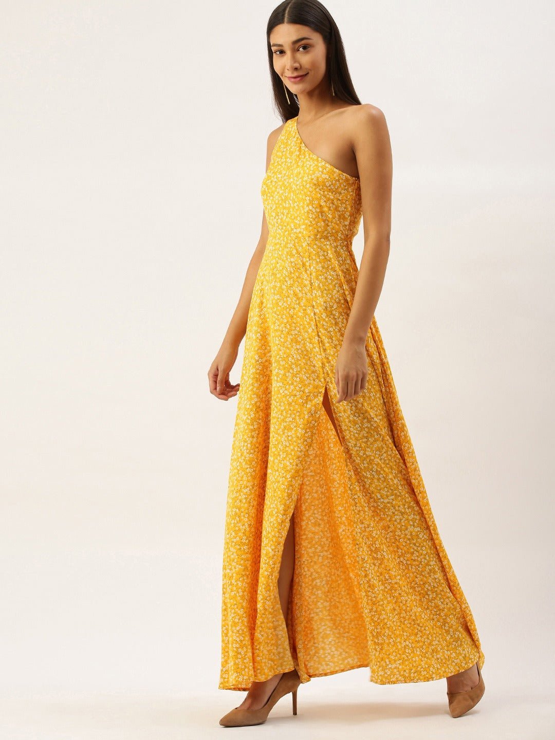Folk Republic Women Yellow Floral Print One Shoulder Maxi Dress - #folk republic#