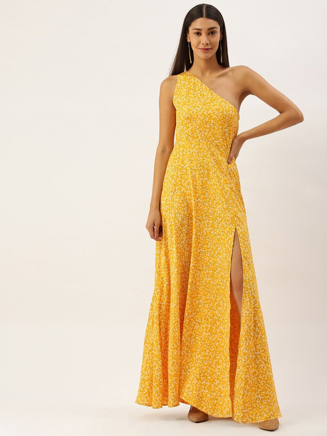Folk Republic Women Yellow Floral Print One Shoulder Maxi Dress - #folk republic#