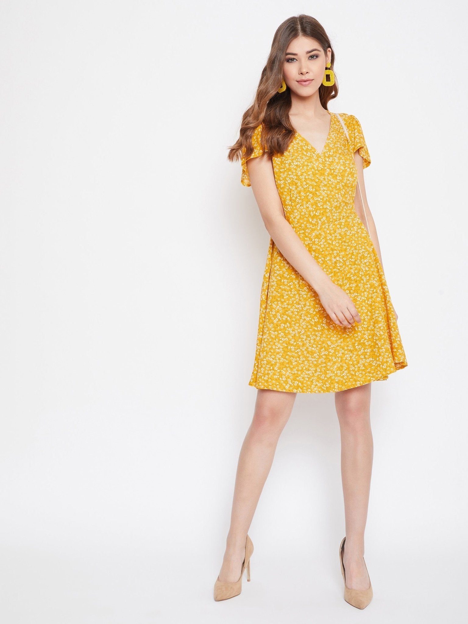 Folk Republic Women Yellow Floral Printed A-Line Wrap Mini Dress - #folk republic#