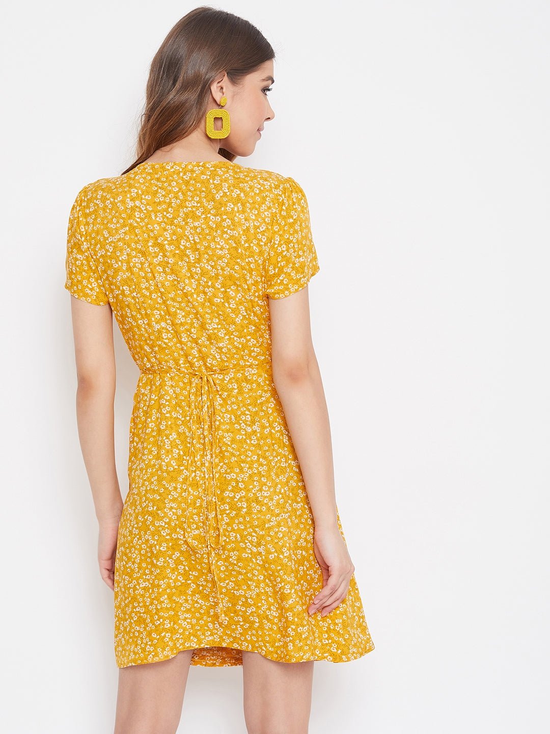 Folk Republic Women Yellow Floral Printed A-Line Wrap Mini Dress - #folk republic#