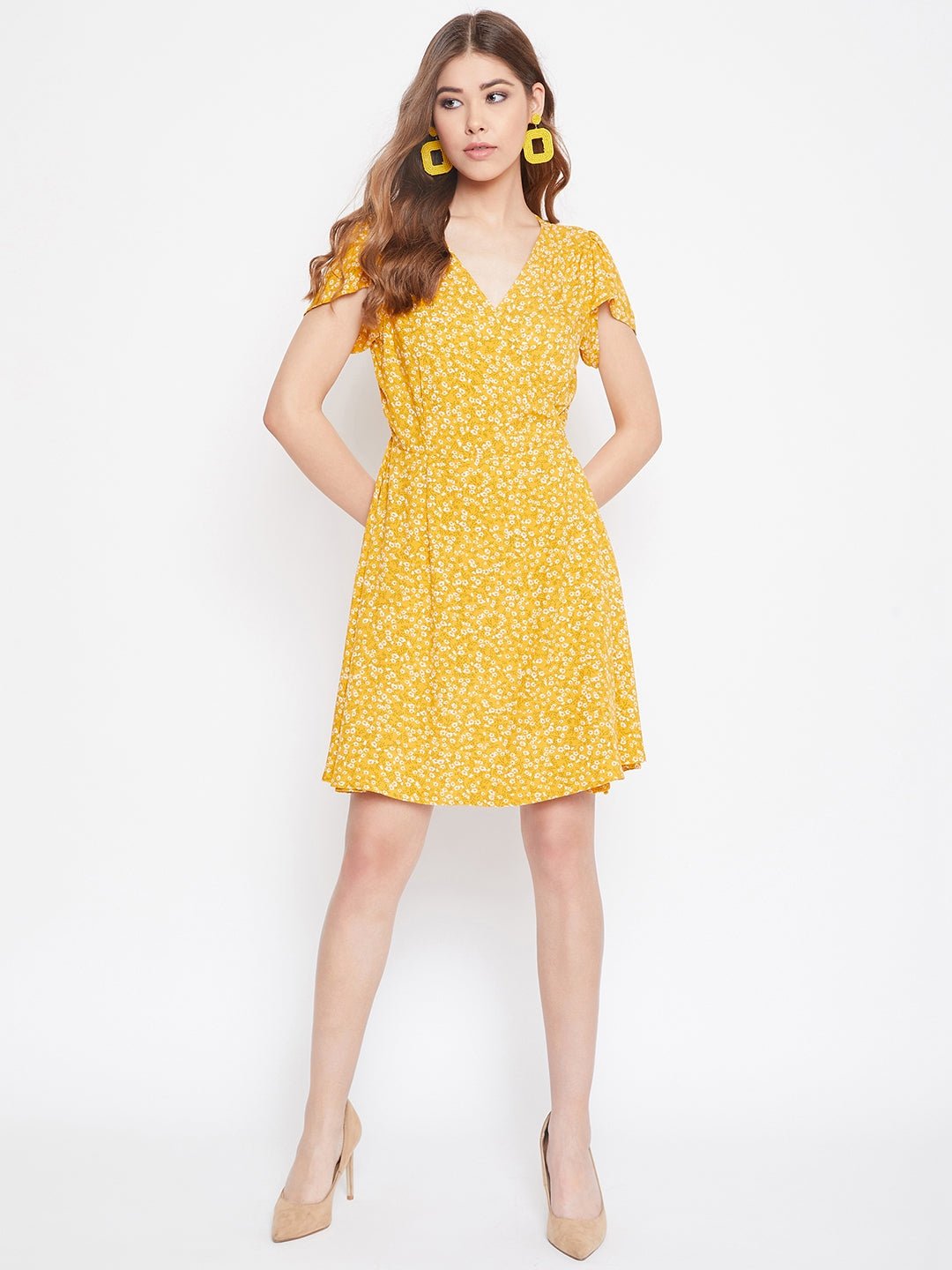 Folk Republic Women Yellow Floral Printed A-Line Wrap Mini Dress - #folk republic#