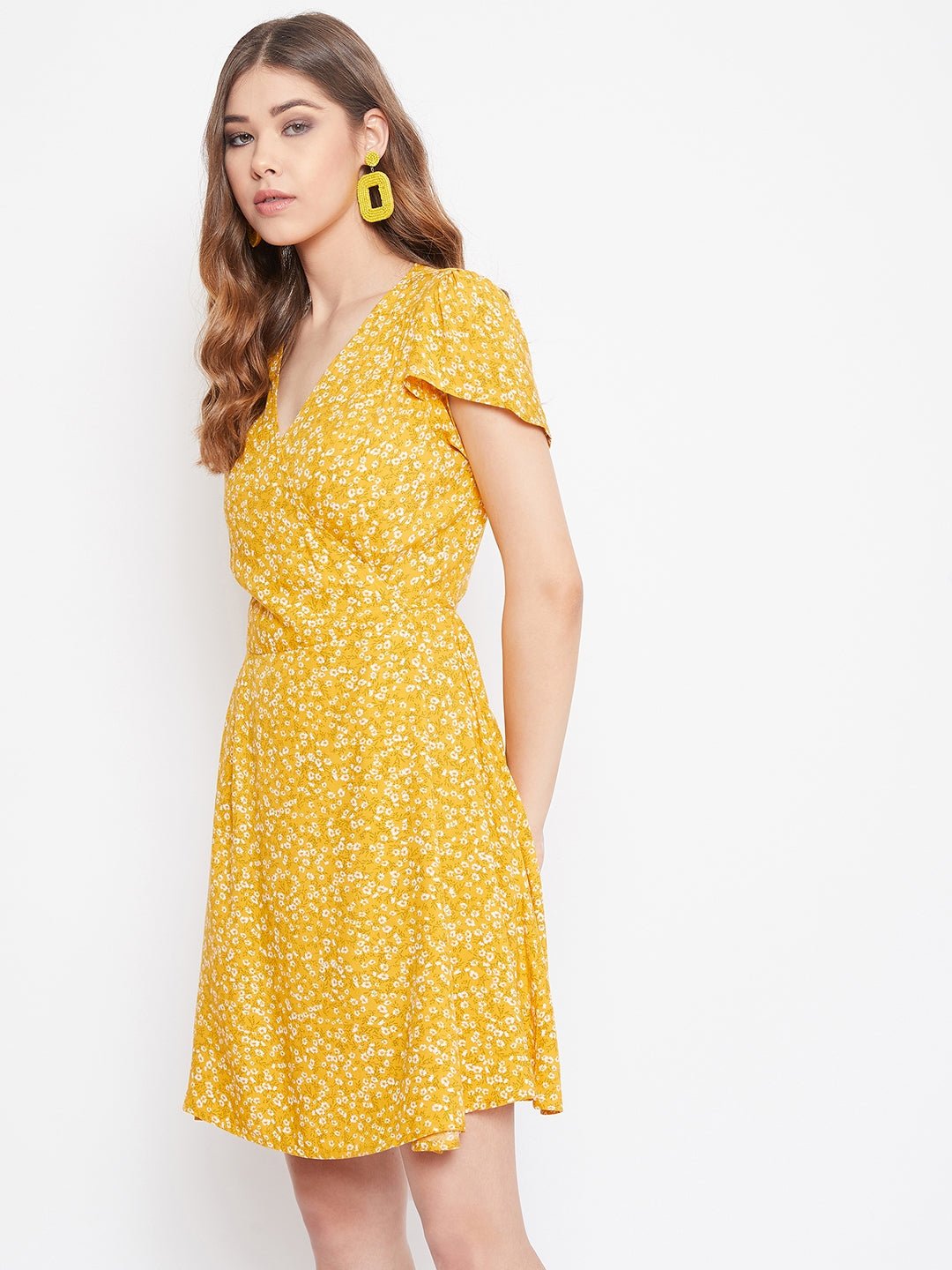 Folk Republic Women Yellow Floral Printed A-Line Wrap Mini Dress - #folk republic#