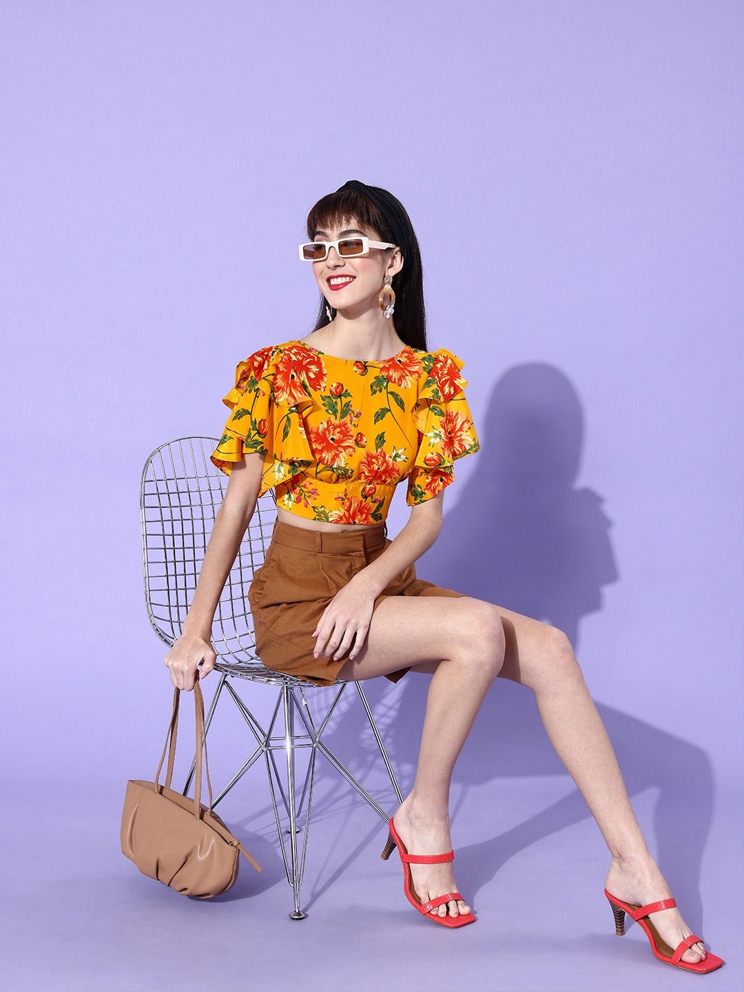 Folk Republic Women Yellow Floral Printed Flutter Sleeves Blouson Crop Top - #folk republic#