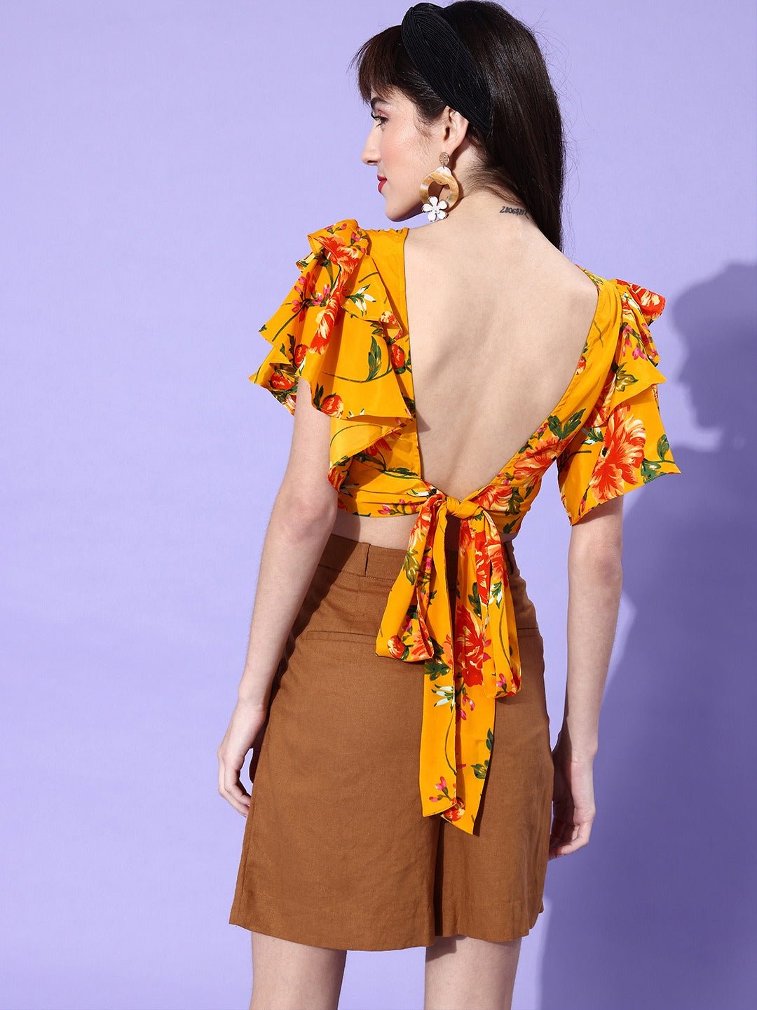 Folk Republic Women Yellow Floral Printed Flutter Sleeves Blouson Crop Top - #folk republic#