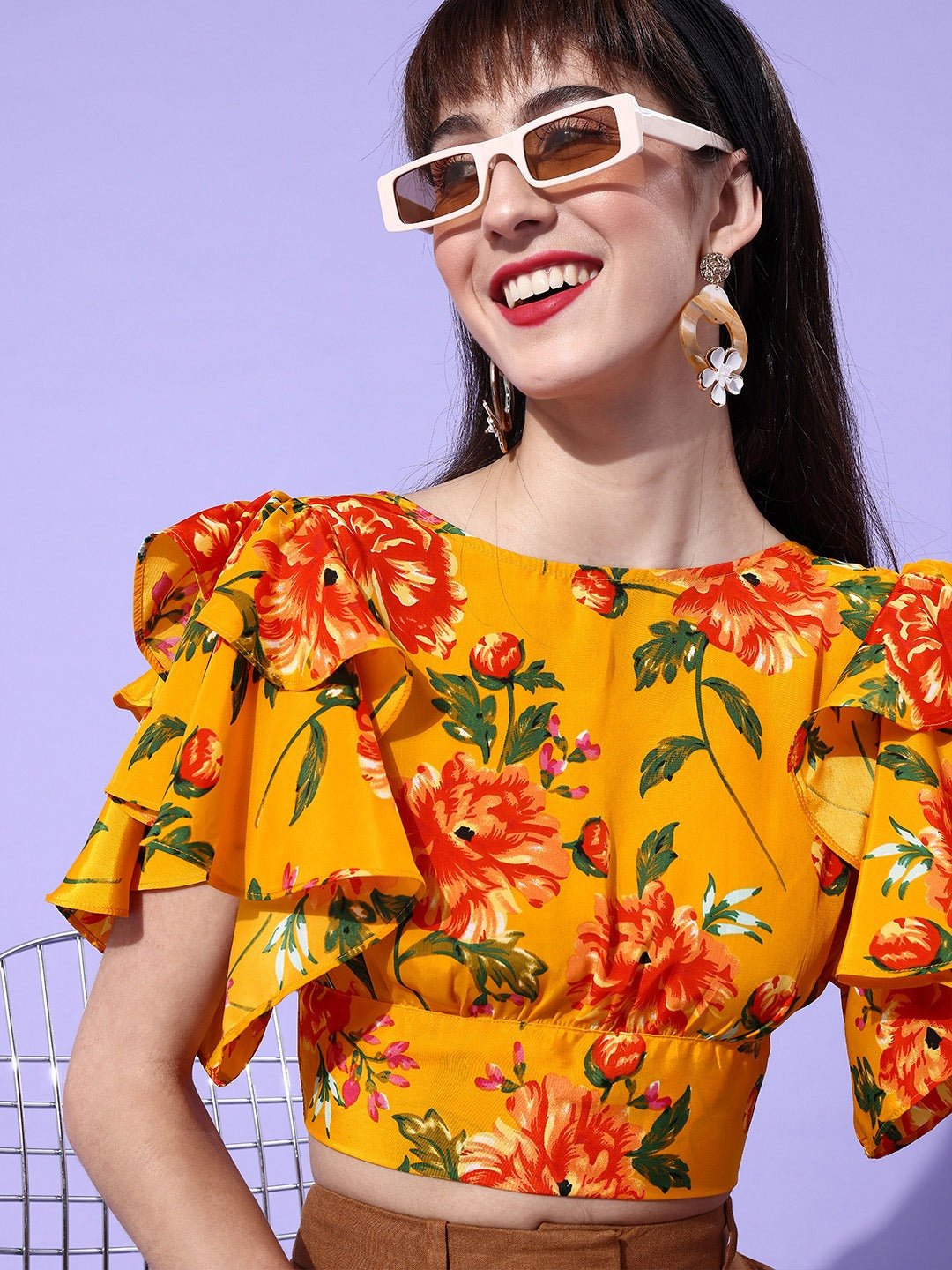 Folk Republic Women Yellow Floral Printed Flutter Sleeves Blouson Crop Top - #folk republic#