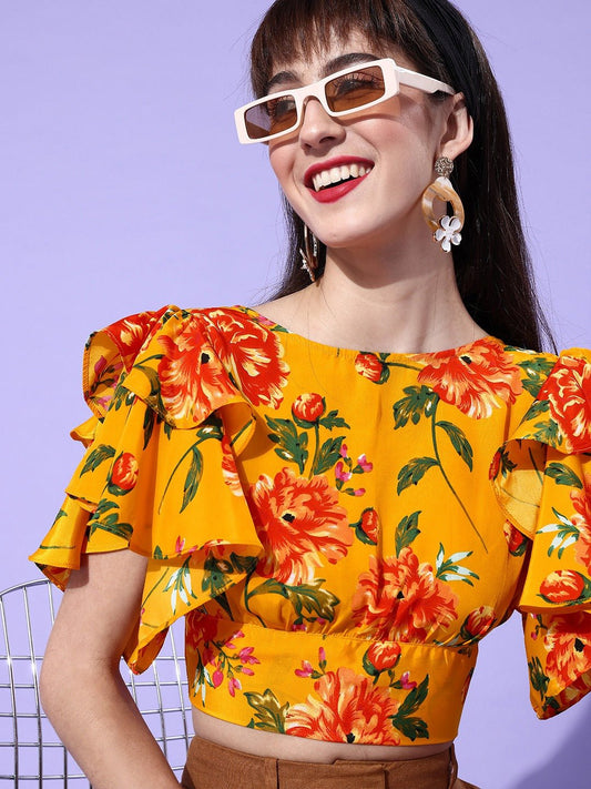Folk Republic Women Yellow Floral Printed Flutter Sleeves Blouson Crop Top - #folk republic#