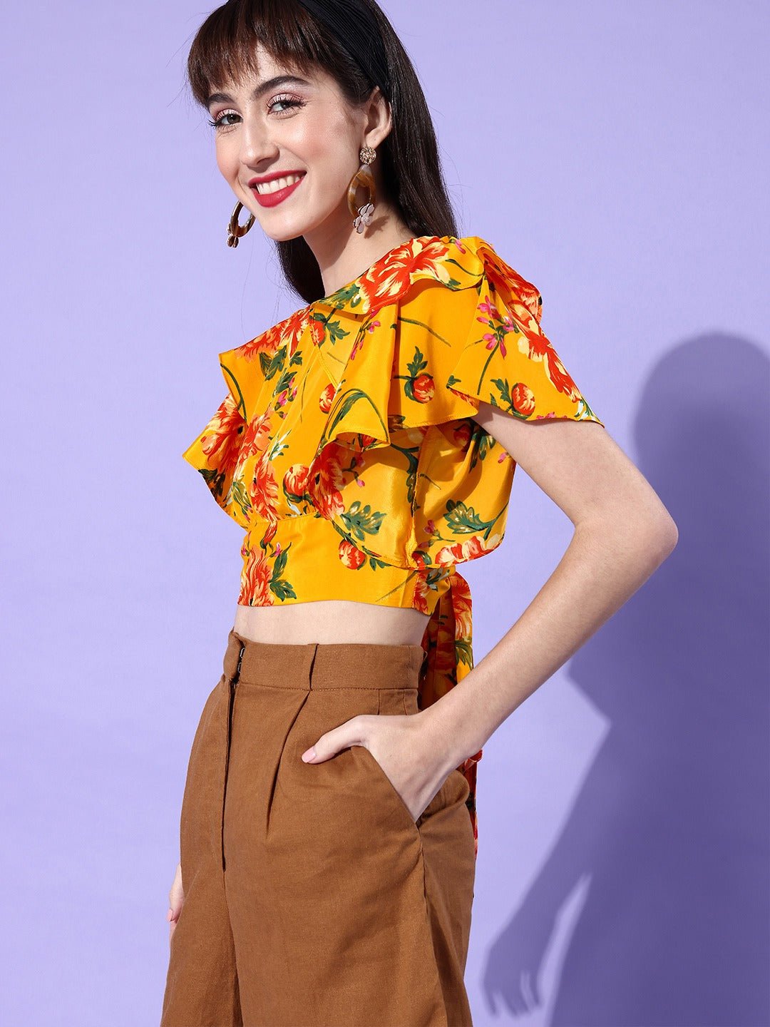 Folk Republic Women Yellow Floral Printed Flutter Sleeves Blouson Crop Top - #folk republic#