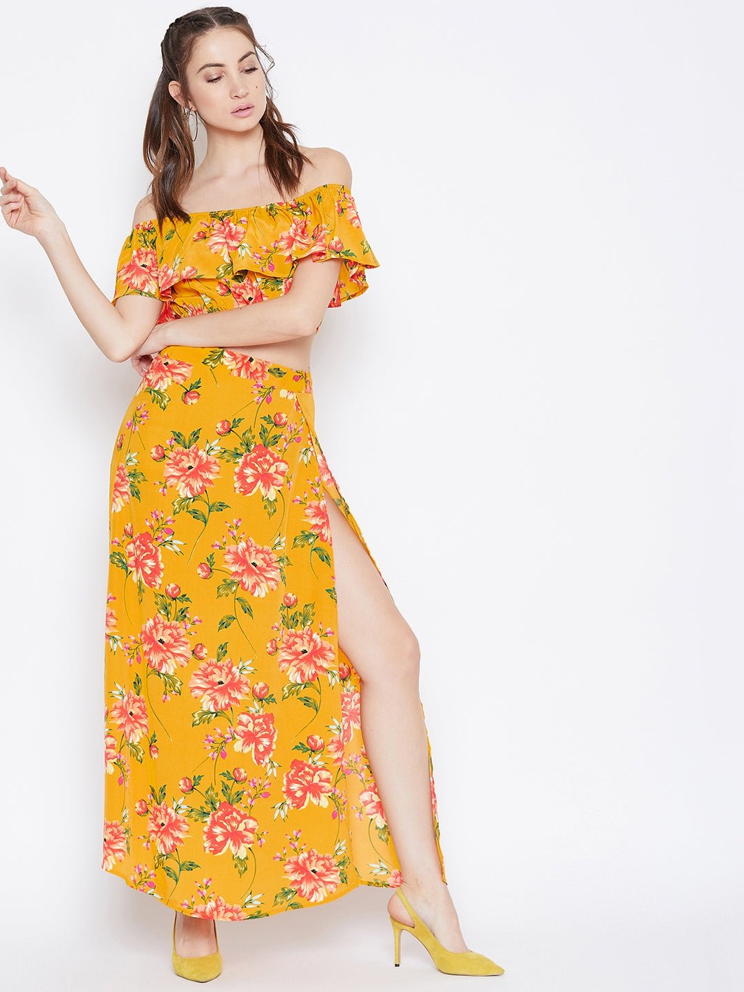 Folk Republic Women Yellow Floral Printed Off-Shoulder Co-Ordinate Maxi Dress - #folk republic#