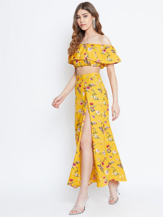 Folk Republic Women Yellow Floral Printed Off-Shoulder Co-Ordinate Maxi Dress - #folk republic#