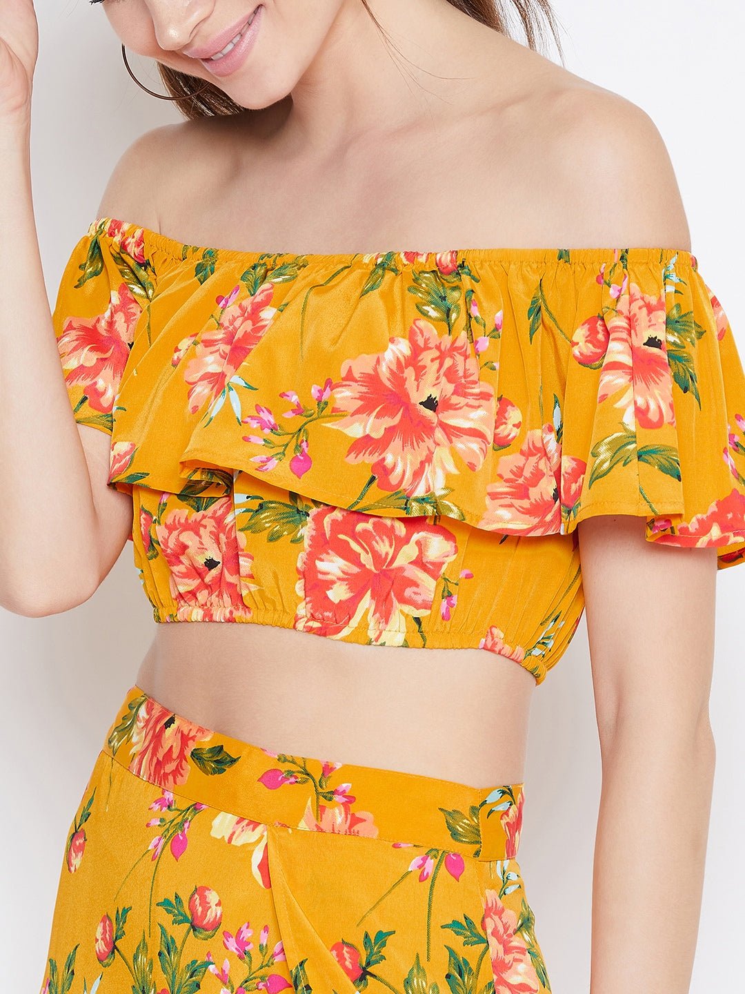 Folk Republic Women Yellow Floral Printed Off-Shoulder Co-Ordinate Maxi Dress - #folk republic#