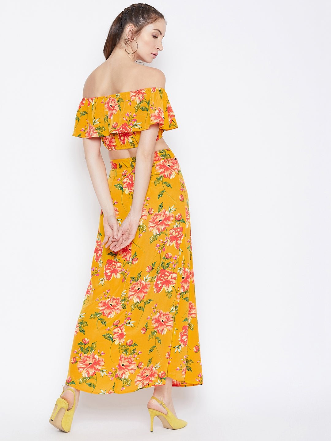 Folk Republic Women Yellow Floral Printed Off-Shoulder Co-Ordinate Maxi Dress - #folk republic#
