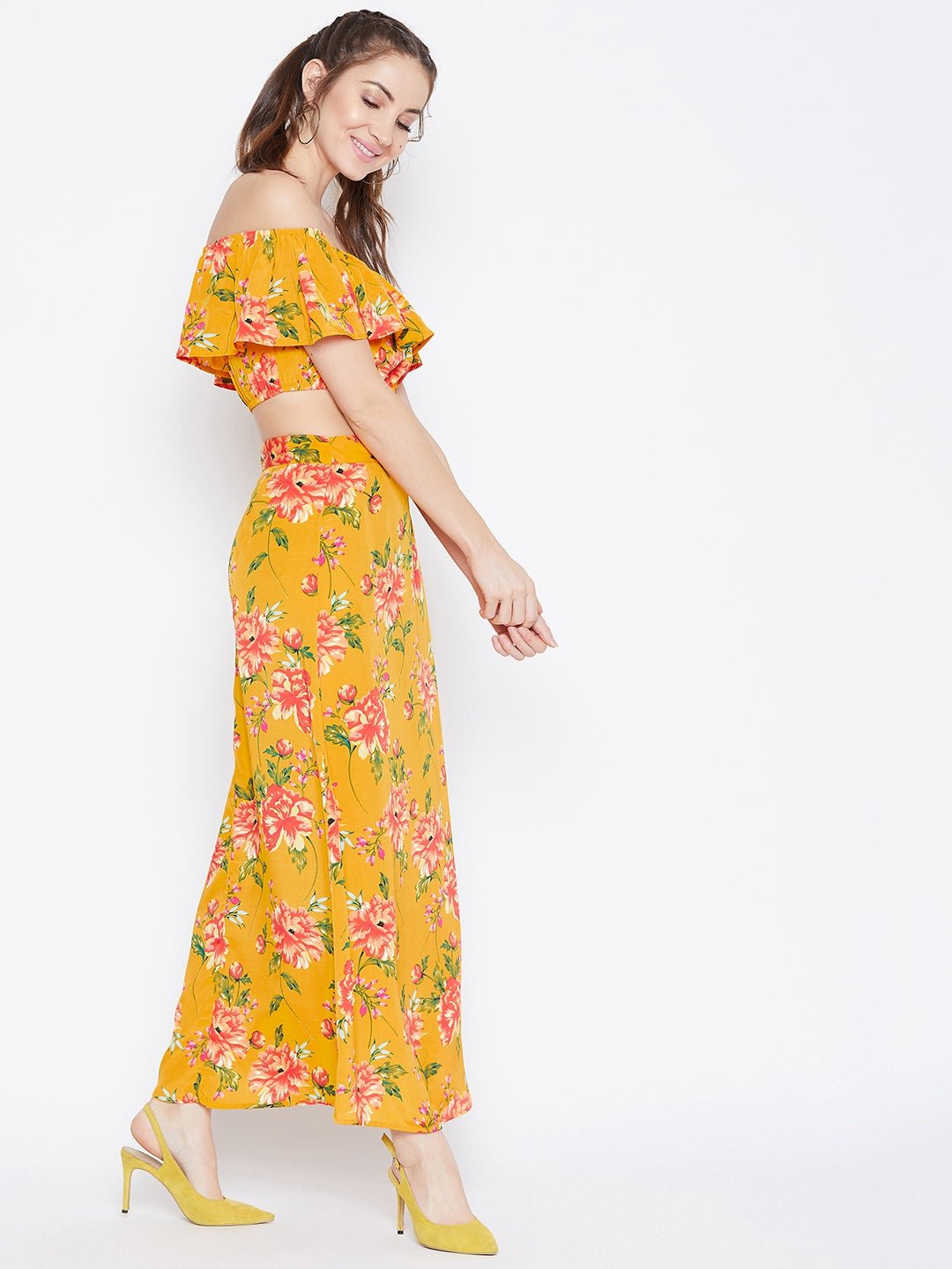 Folk Republic Women Yellow Floral Printed Off-Shoulder Co-Ordinate Maxi Dress - #folk republic#