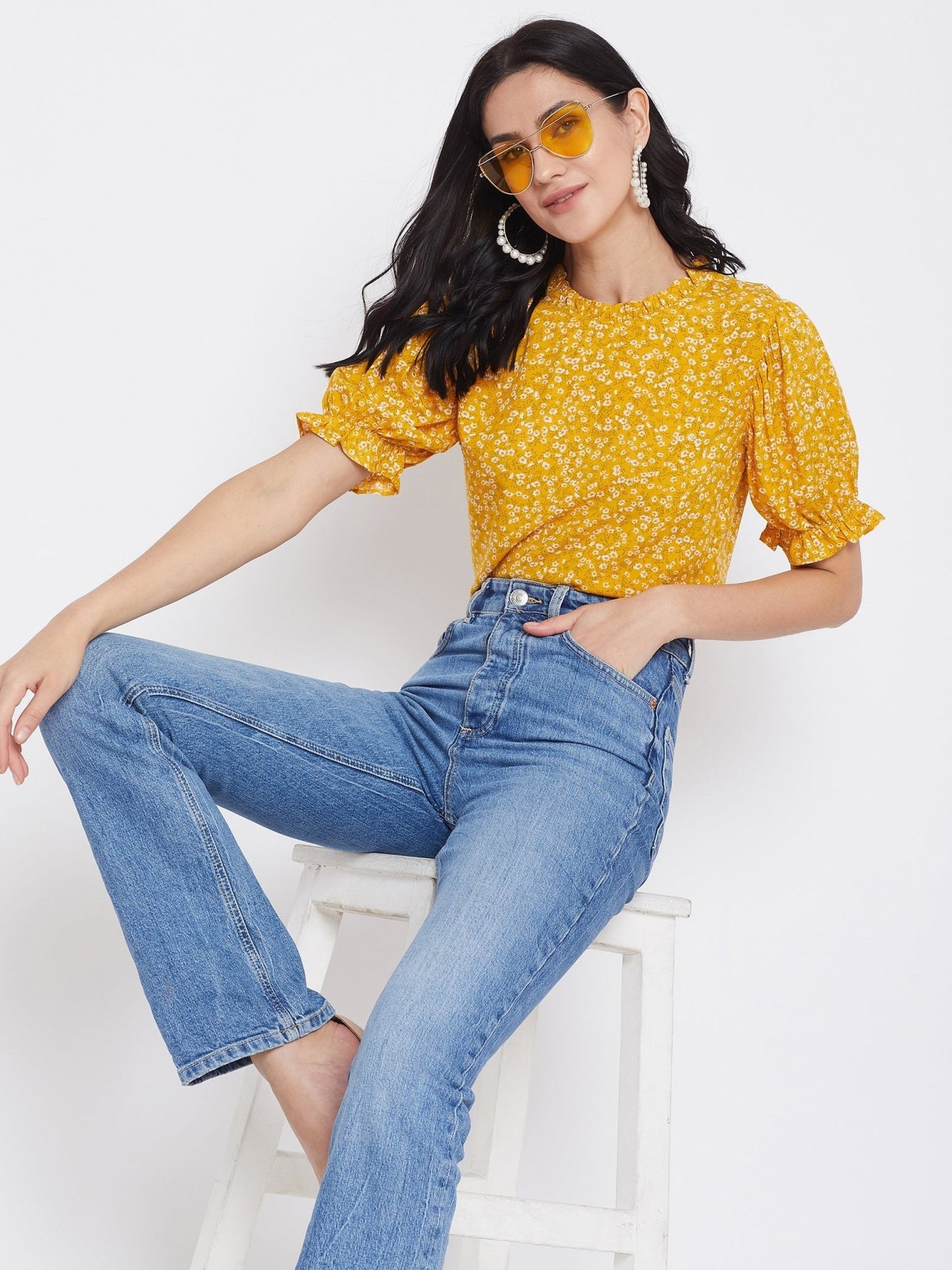 Folk Republic Women Yellow Floral Printed Puff Sleeves Top - #folk republic#