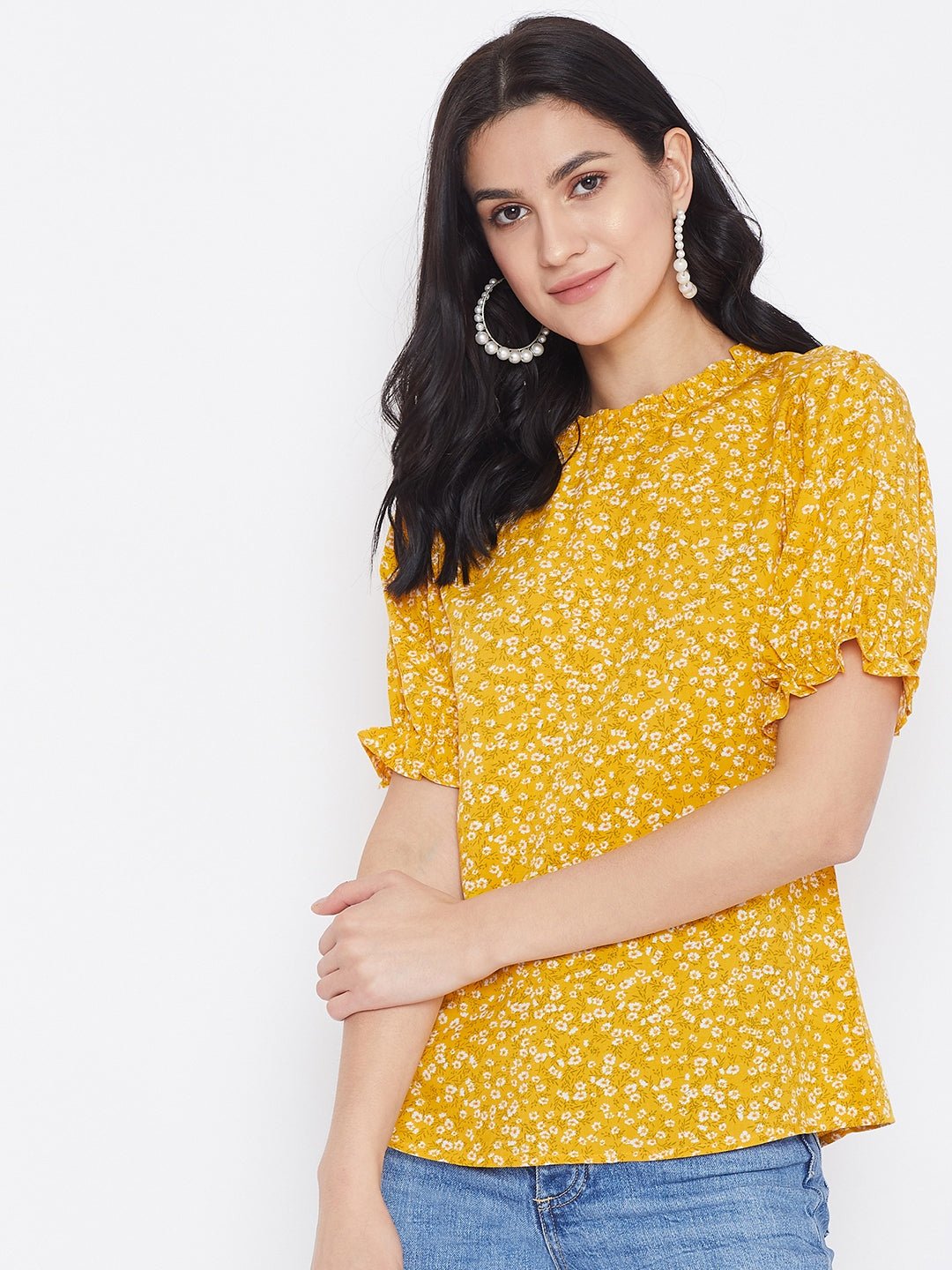 Folk Republic Women Yellow Floral Printed Puff Sleeves Top - #folk republic#