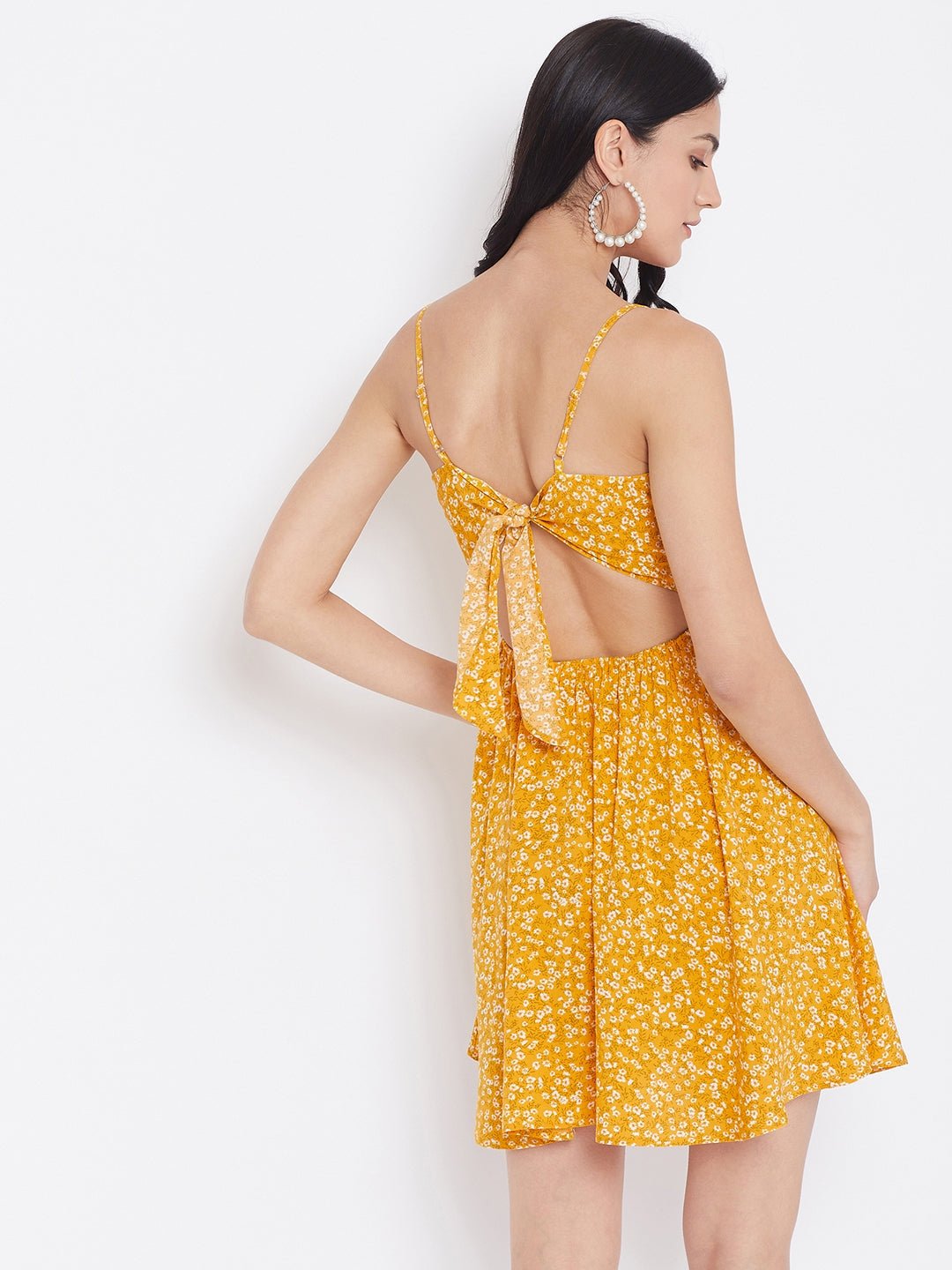 Folk Republic Women Yellow Floral Printed Twist Knot Fit & Flare Mini Dress - #folk republic#