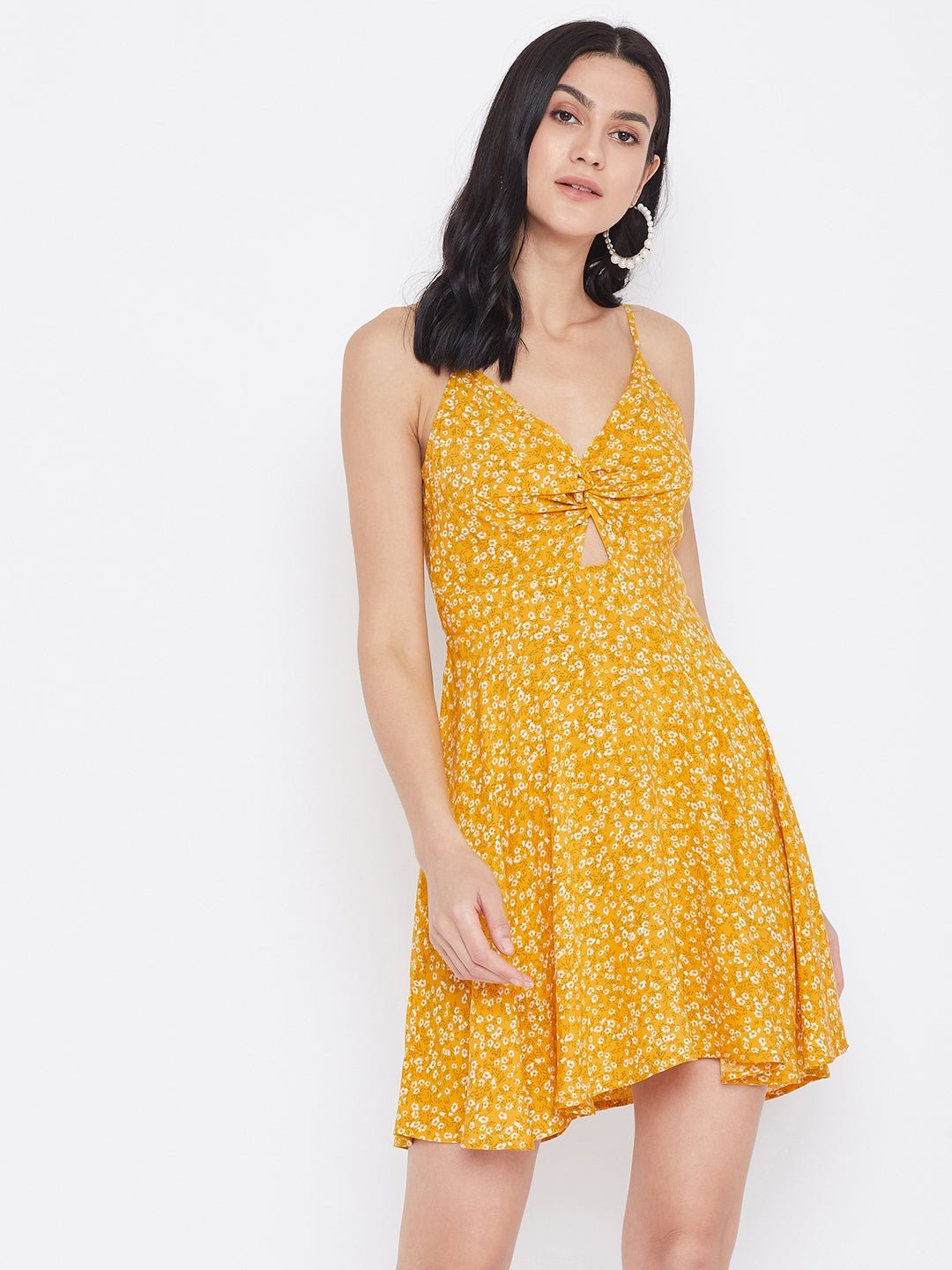 Folk Republic Women Yellow Floral Printed Twist Knot Fit & Flare Mini Dress - #folk republic#