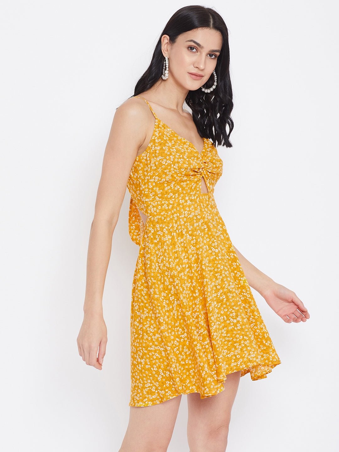 Folk Republic Women Yellow Floral Printed Twist Knot Fit & Flare Mini Dress - #folk republic#