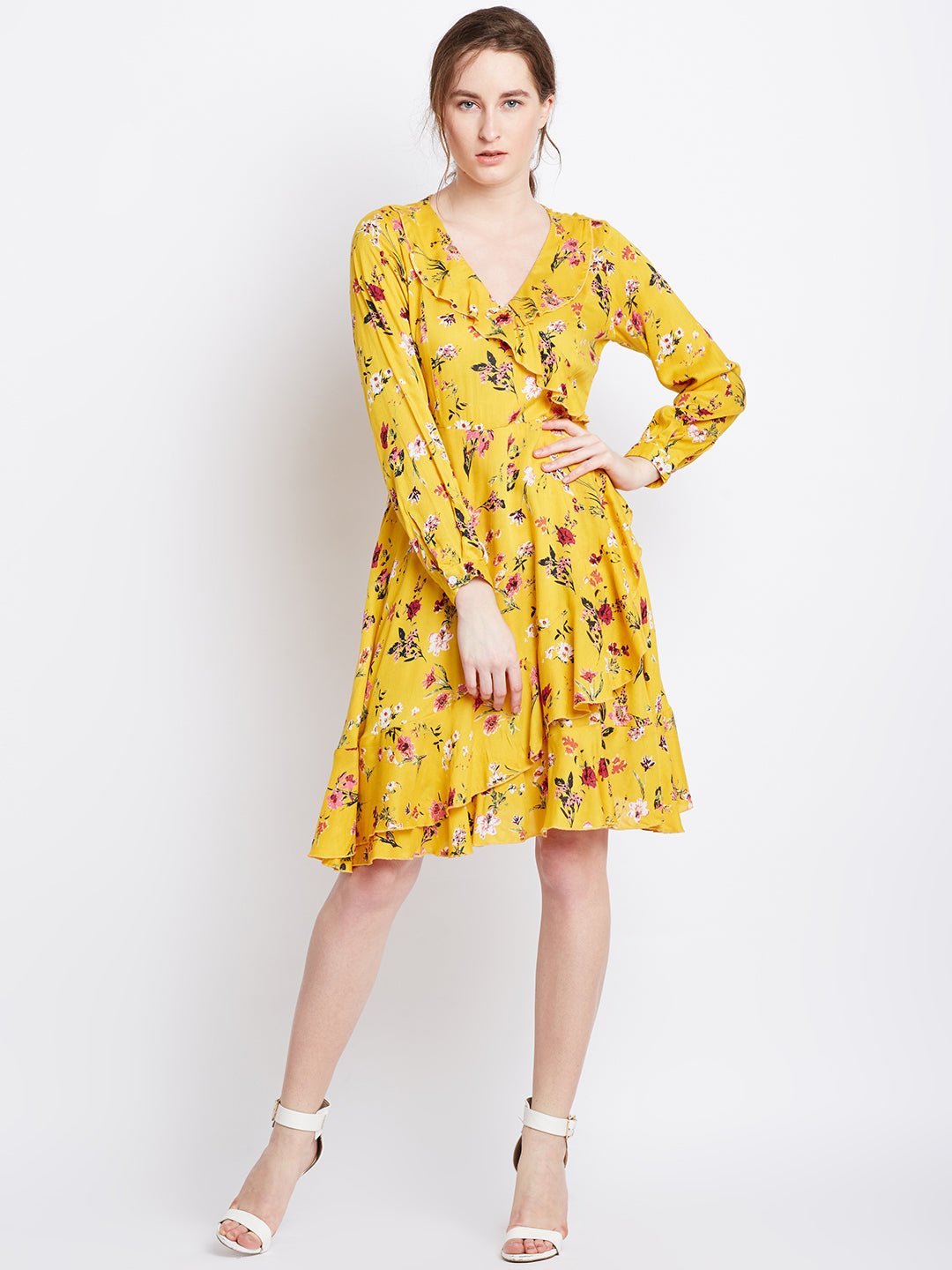 Folk Republic Women Yellow Floral Printed V-Neck Ruffled Fit & Flare Mini Dress - #folk republic#