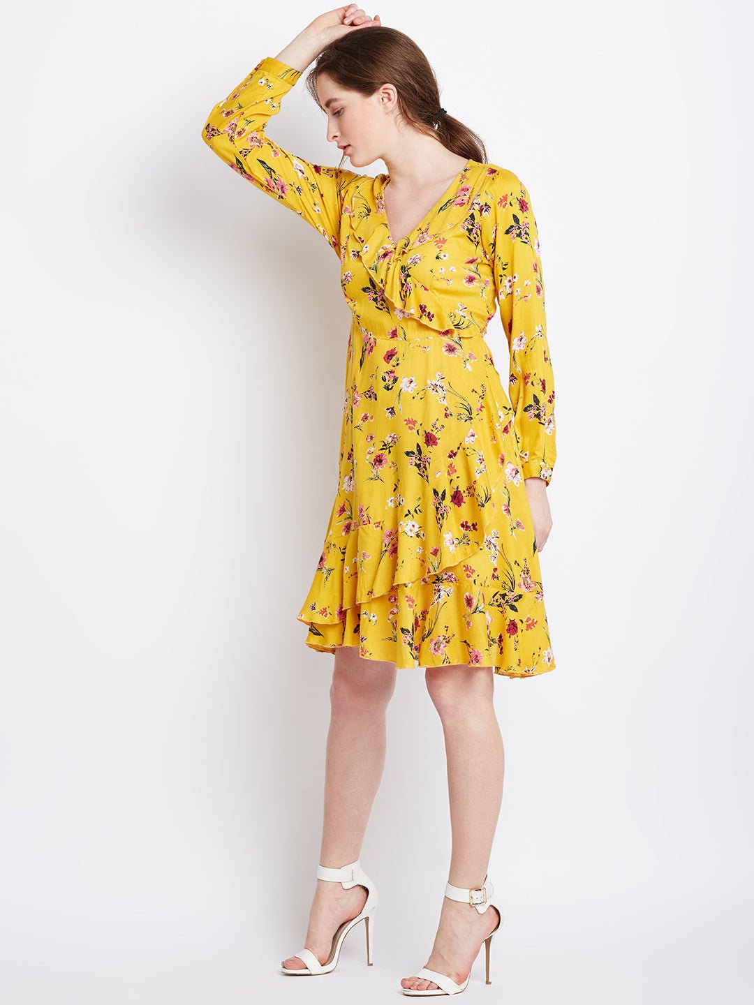 Folk Republic Women Yellow Floral Printed V-Neck Ruffled Fit & Flare Mini Dress - #folk republic#