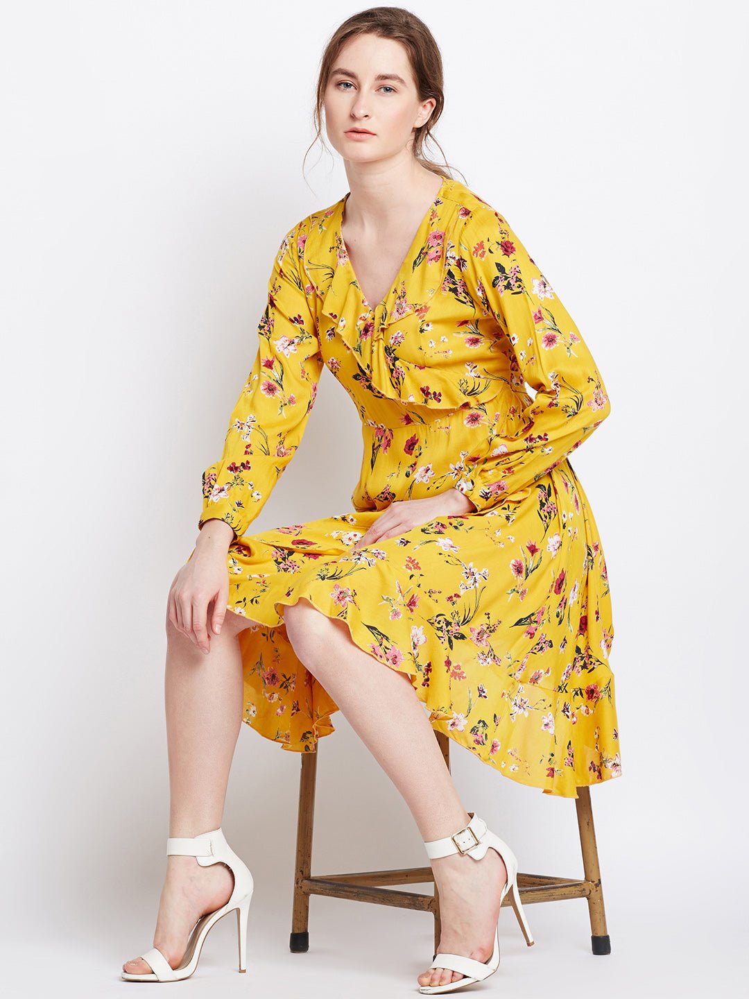Folk Republic Women Yellow Floral Printed V-Neck Ruffled Fit & Flare Mini Dress - #folk republic#