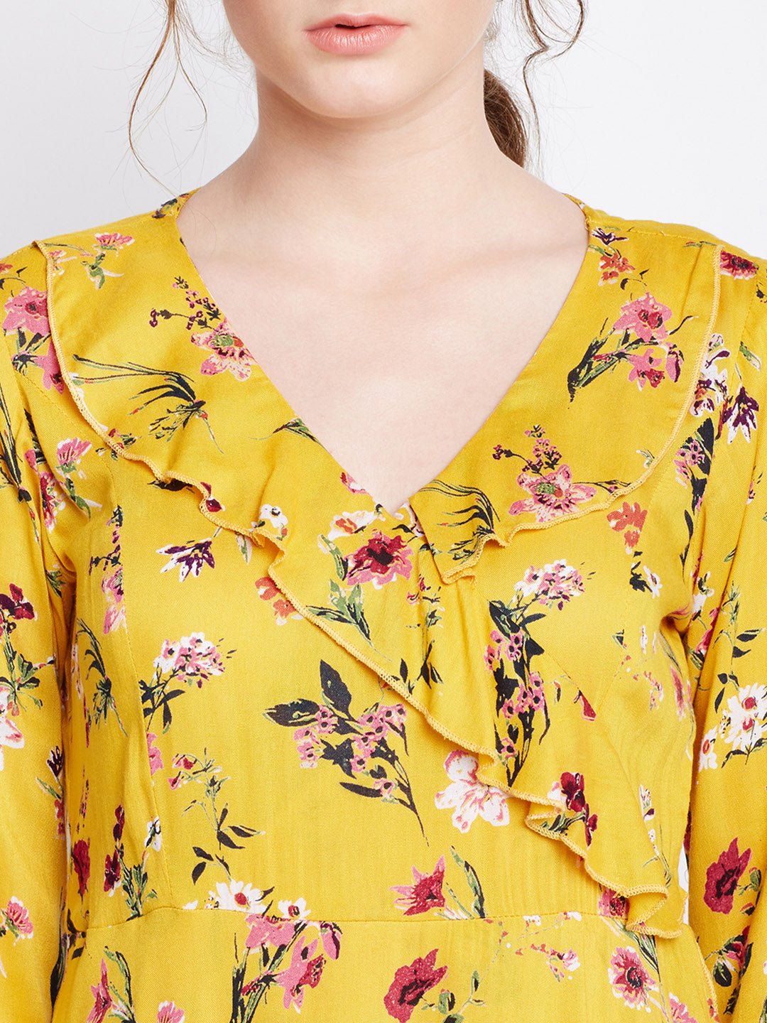 Folk Republic Women Yellow Floral Printed V-Neck Ruffled Fit & Flare Mini Dress - #folk republic#