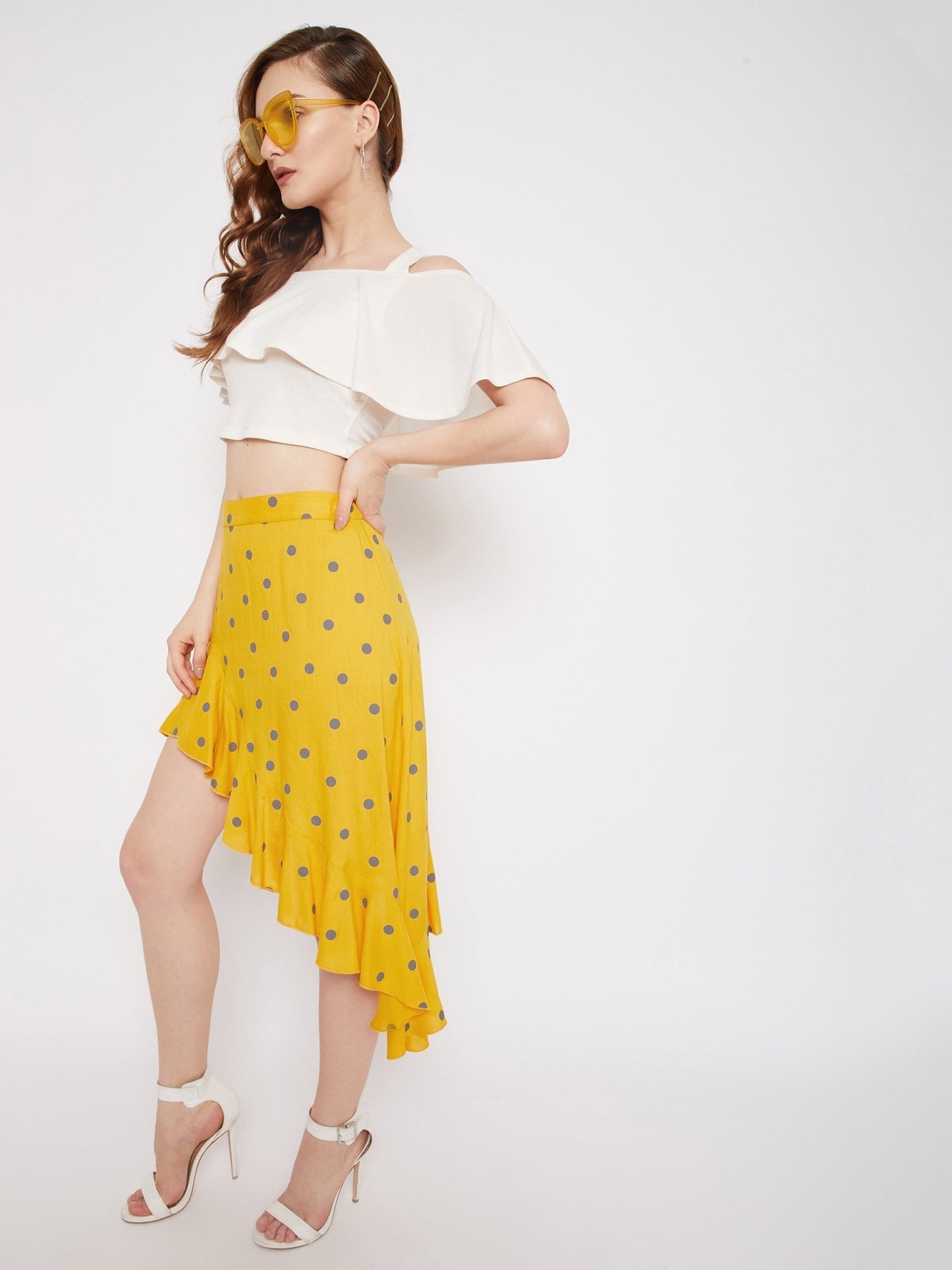 Folk Republic Women Yellow & Grey Polka Dot Printed Asymmetric Hem Ruffled Mini Skirt - #folk republic#
