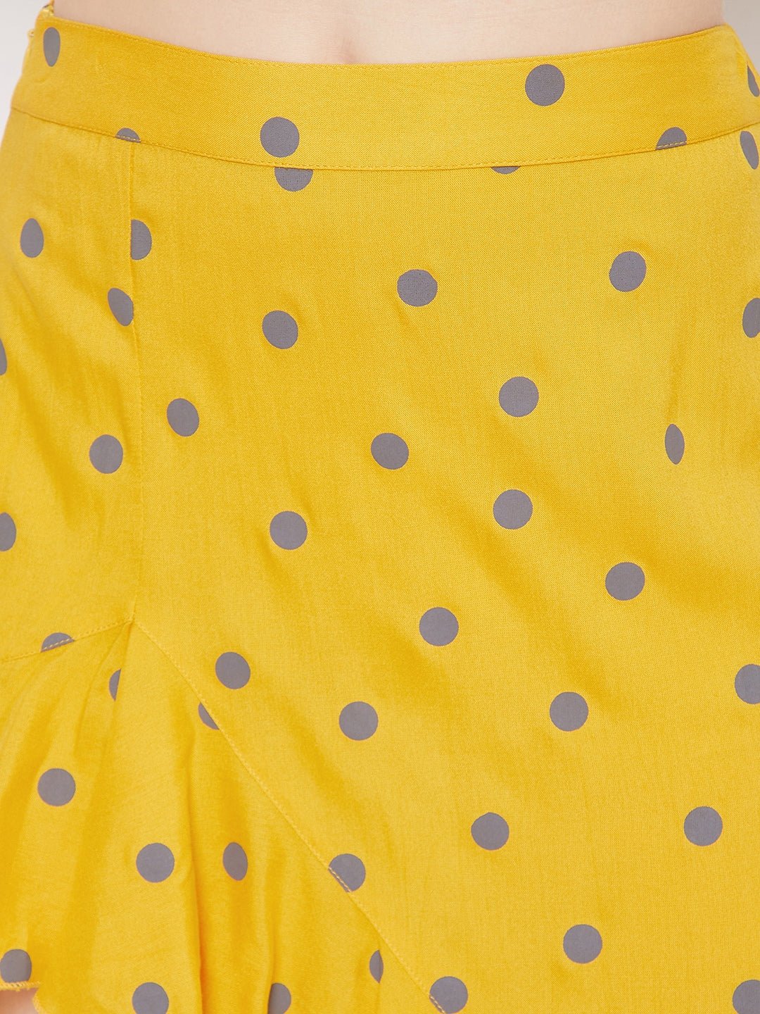 Folk Republic Women Yellow & Grey Polka Dot Printed Asymmetric Hem Ruffled Mini Skirt - #folk republic#